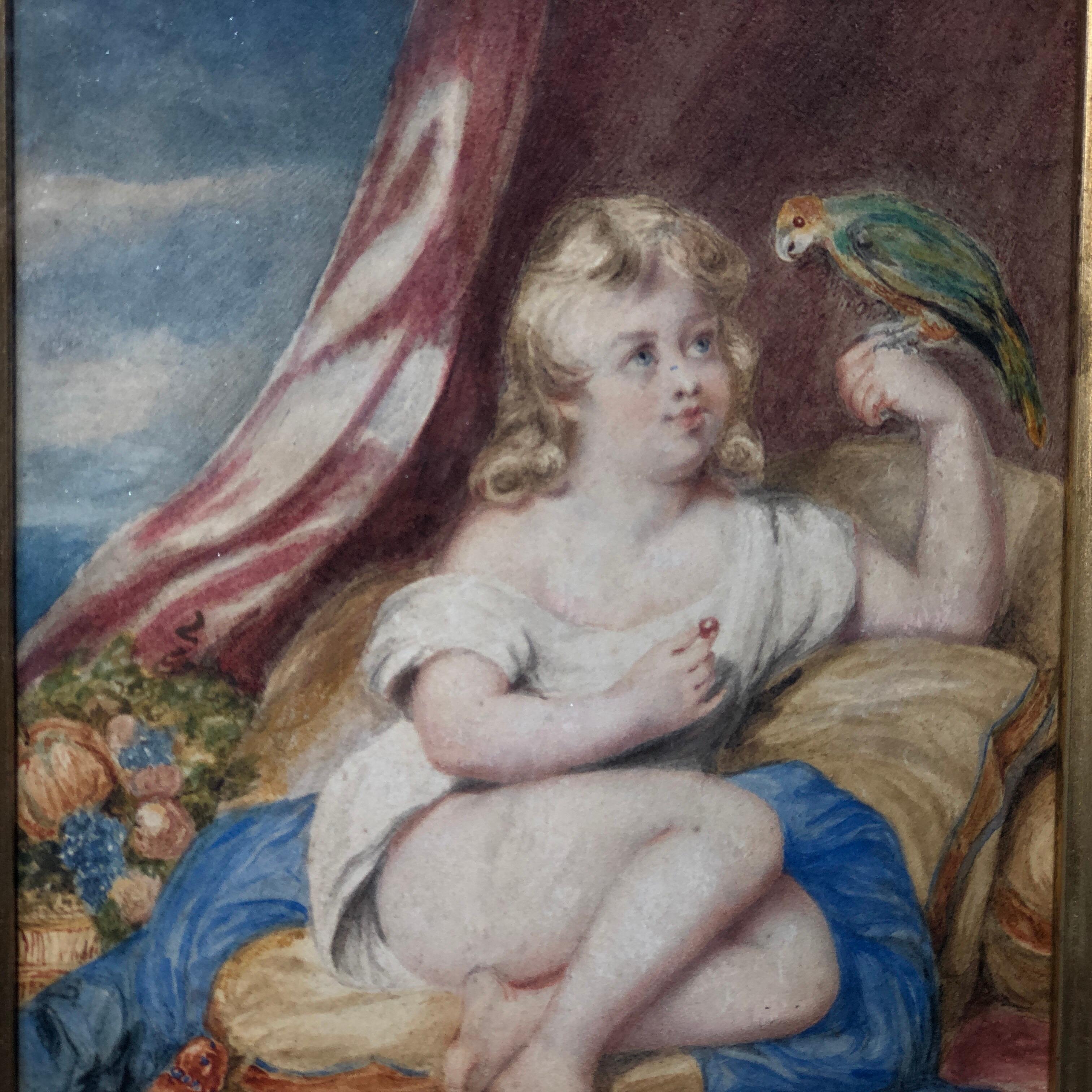 Early Victorian watercolour, the finely detailed work depicting a child seated on a cushion by a basket of fruit, feeding a parrot cherries, before a draped red silk cloth, a touch of sky to one side.
Unsigned,
in original frame,
circa 1840.