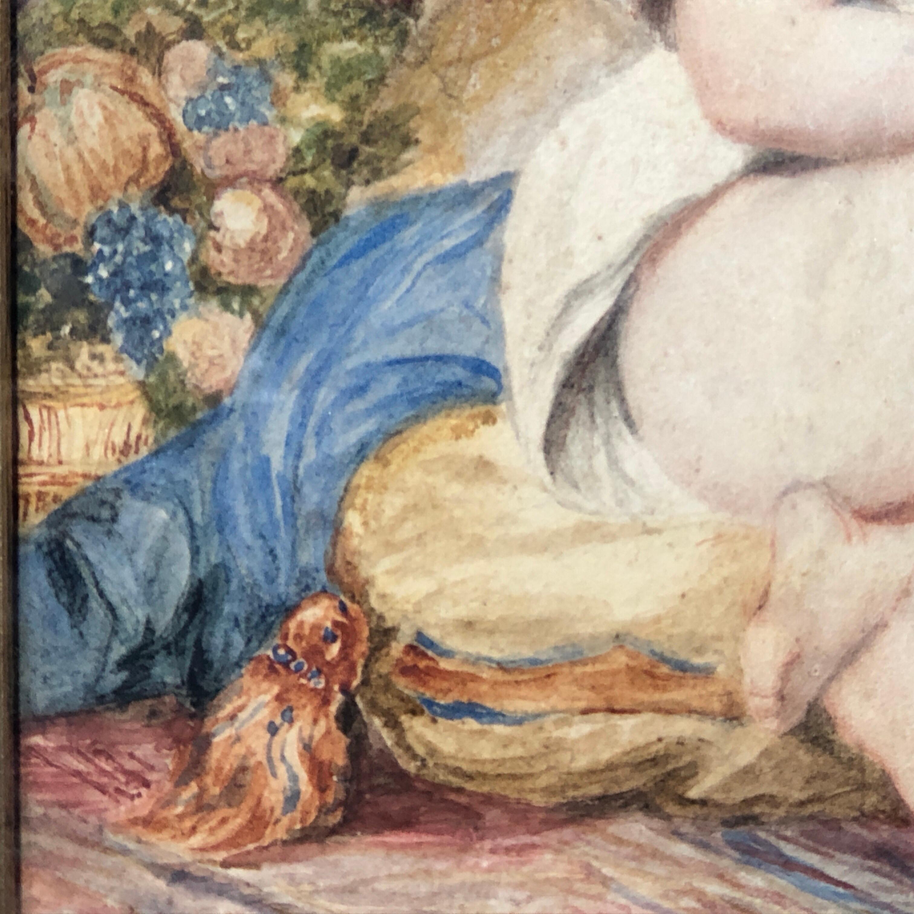 European Early Victorian Watercolour, Child and Parrot, circa 1840 For Sale