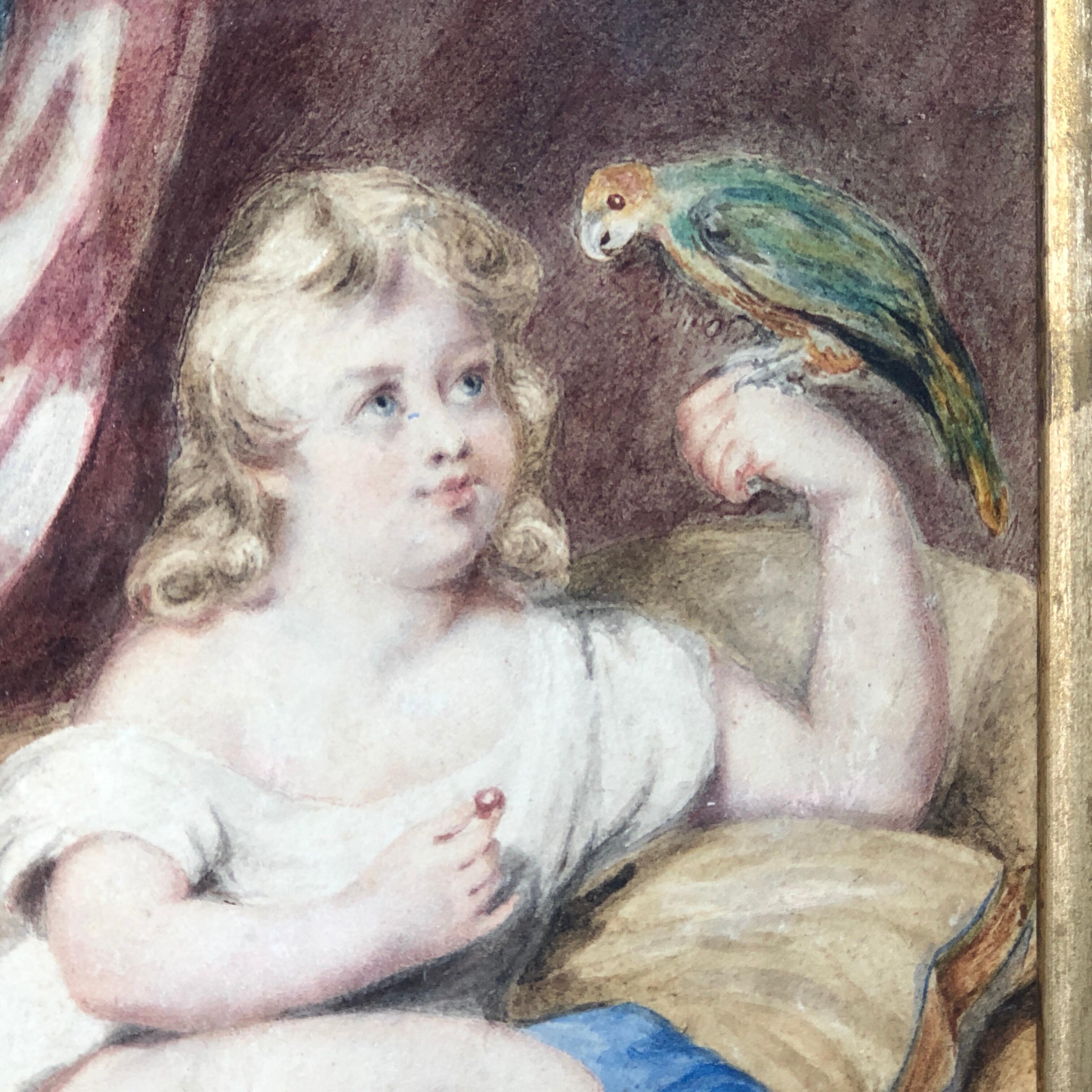Paper Early Victorian Watercolour, Child and Parrot, circa 1840 For Sale