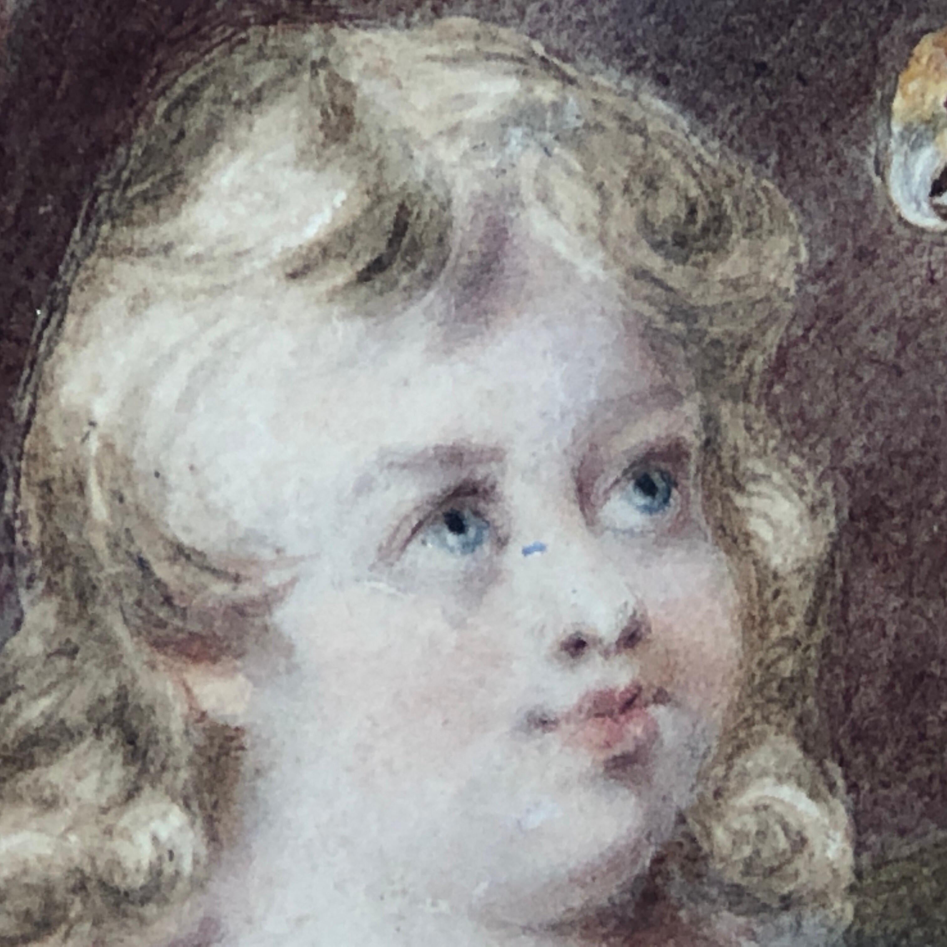 Early Victorian Watercolour, Child and Parrot, circa 1840 For Sale 1
