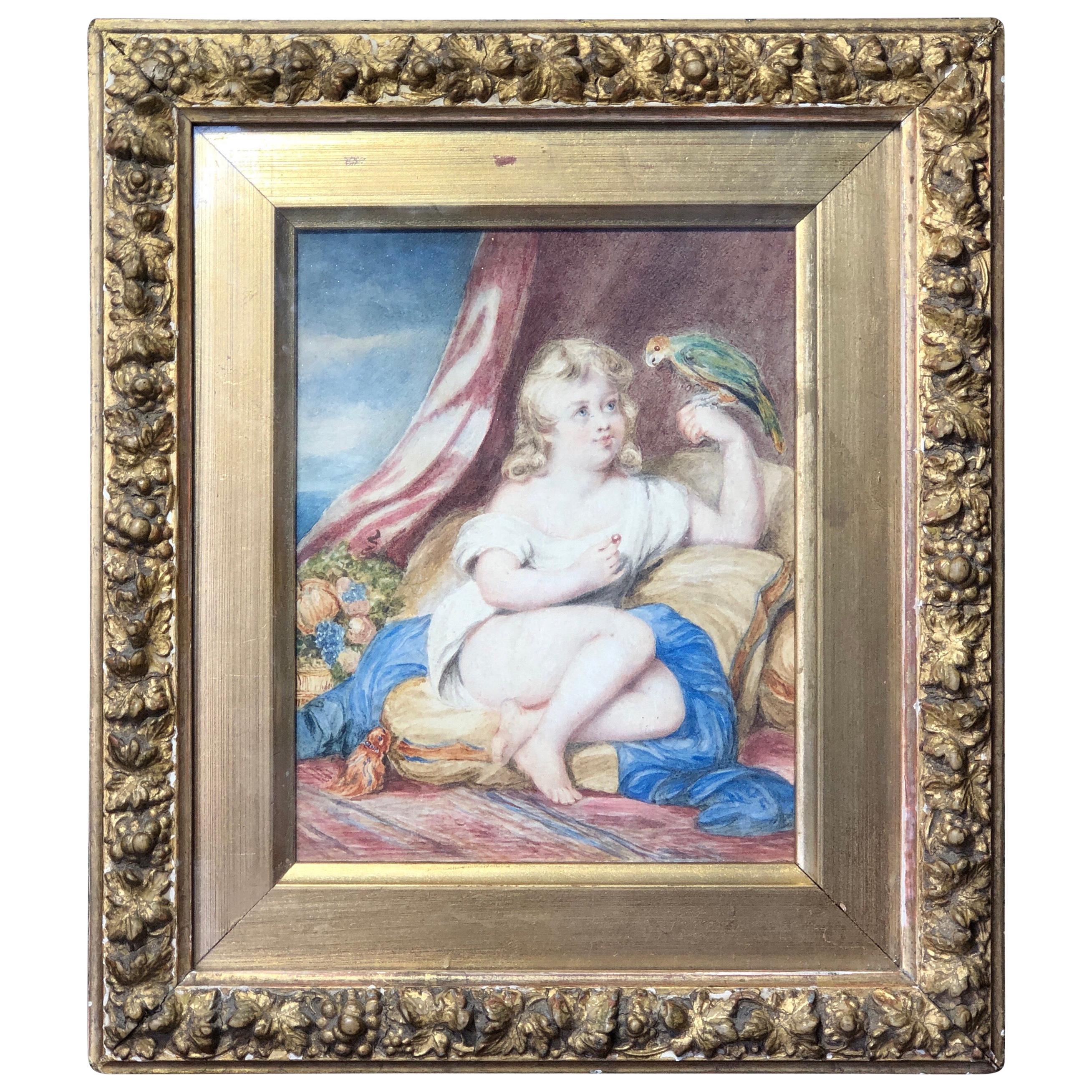 Early Victorian Watercolour, Child and Parrot, circa 1840 For Sale