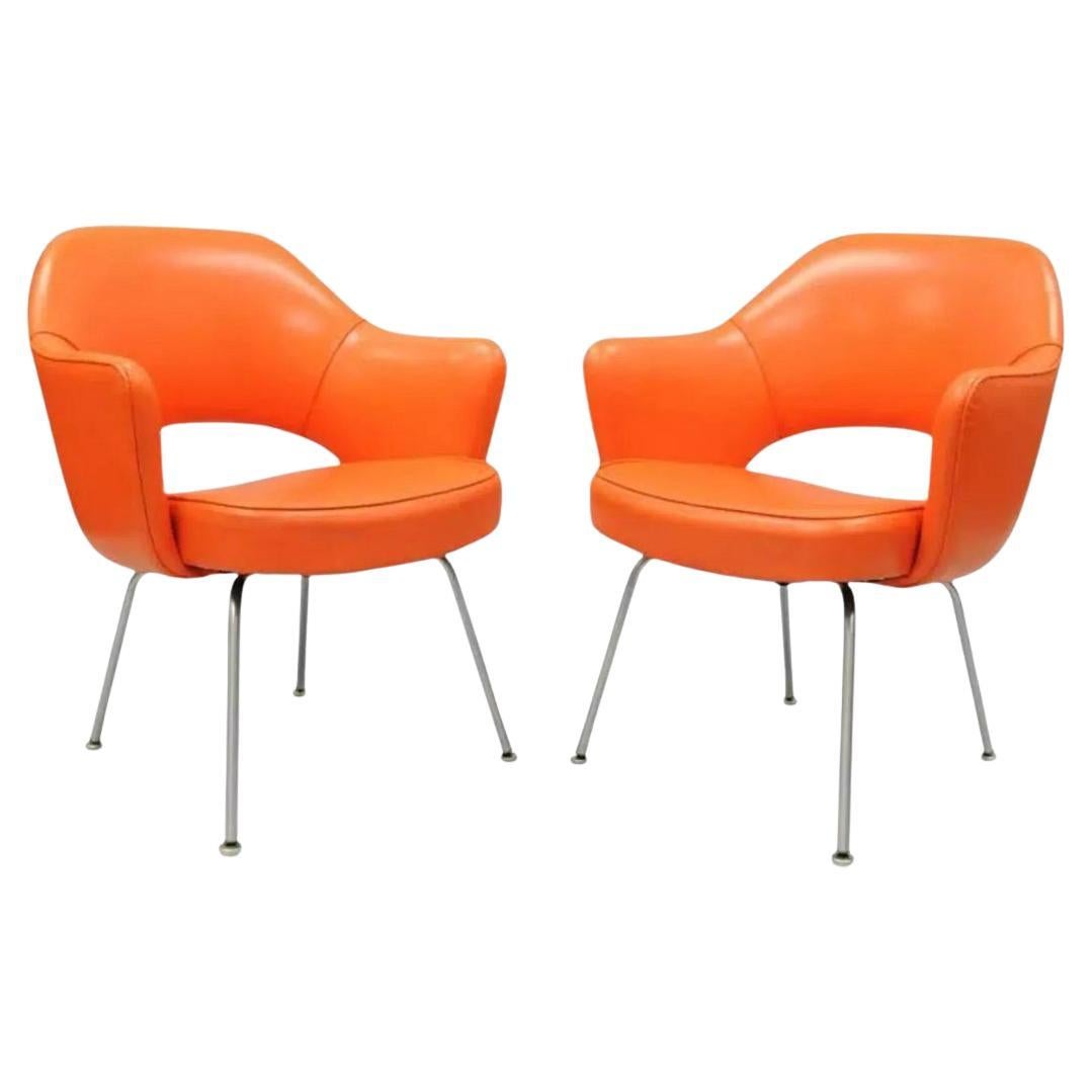 Early Vintage Eero Saarinen for Knoll Orange Vinyl Executive Arm Chairs - a Pair