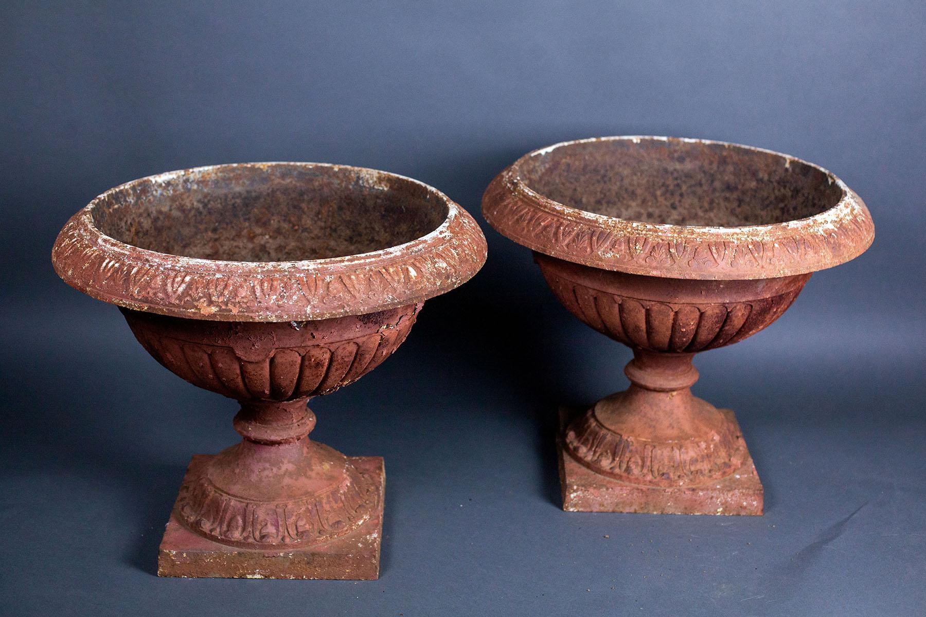 Early Vintage Iron Urns on Plinths 'Pair' For Sale 1