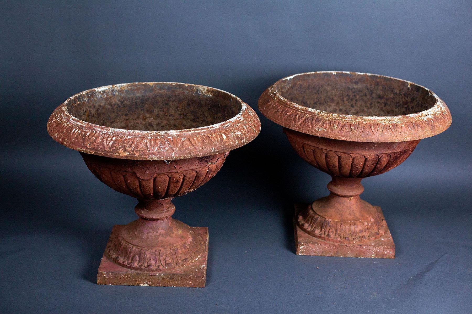 Early Vintage Iron Urns on Plinths 'Pair' For Sale 2