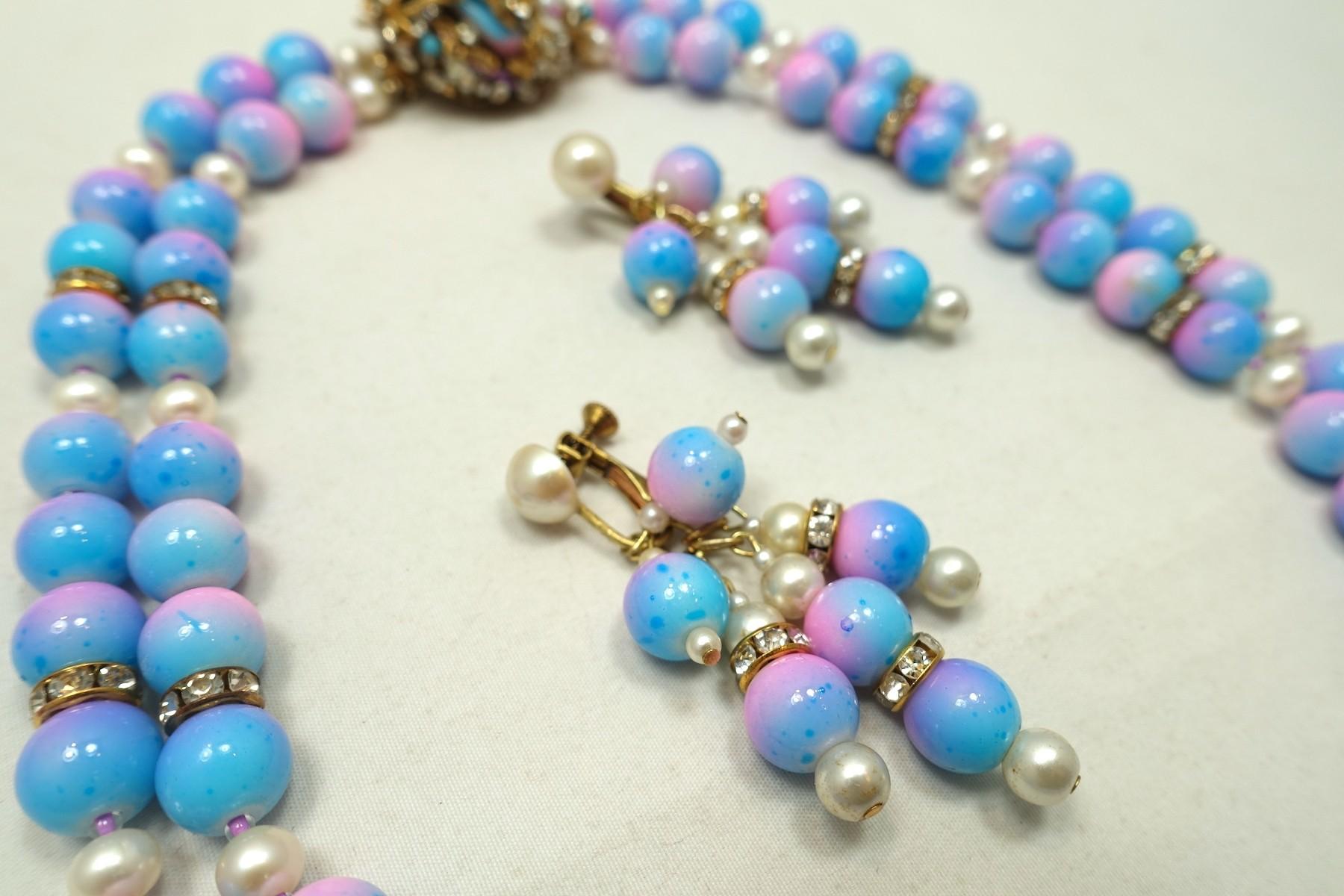 Early Vintage Miriam Haskell Rare Pink & Blue Glass Bead and Faux Pearl 2-Strand For Sale 1