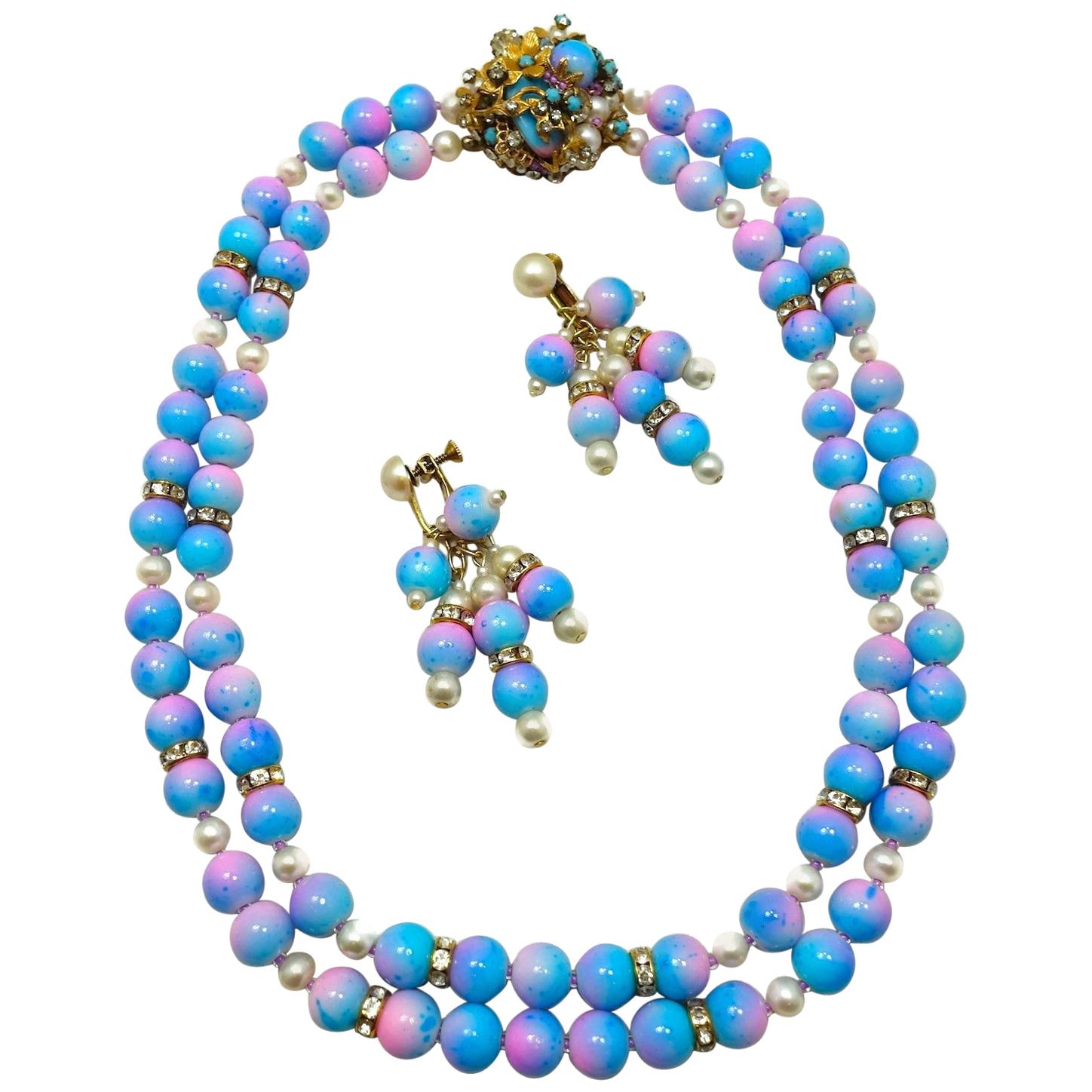Early Vintage Miriam Haskell Rare Pink & Blue Glass Bead and Faux Pearl 2-Strand For Sale
