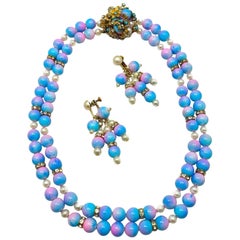 Early Retro Miriam Haskell Rare Pink & Blue Glass Bead and Faux Pearl 2-Strand