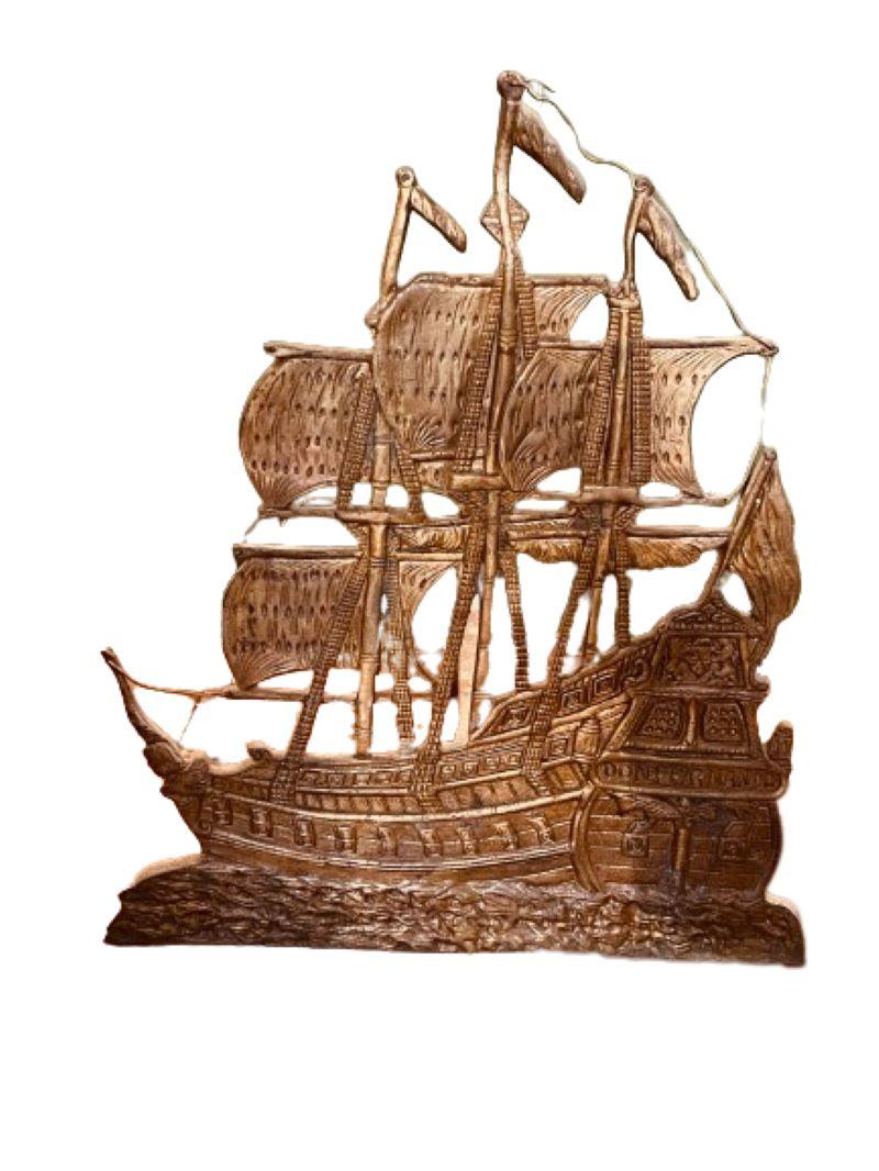 Early Vintage Pair of Brass Spanish Treasure Ship Andirons, circa 1920s, cast brass image of the square-rigged Spanish Galleon 