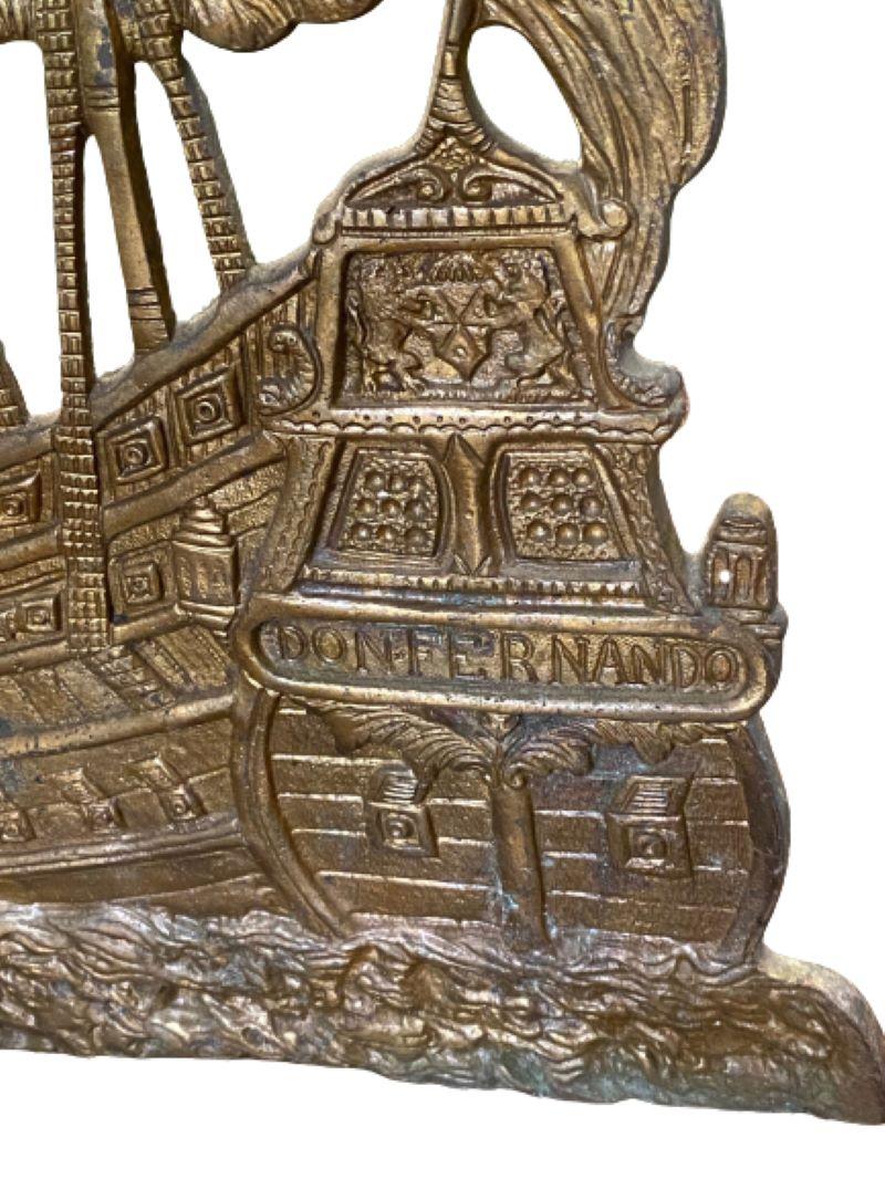 American Early Vintage Pair of Brass Spanish Treasure Ship Andirons, circa 1920s For Sale