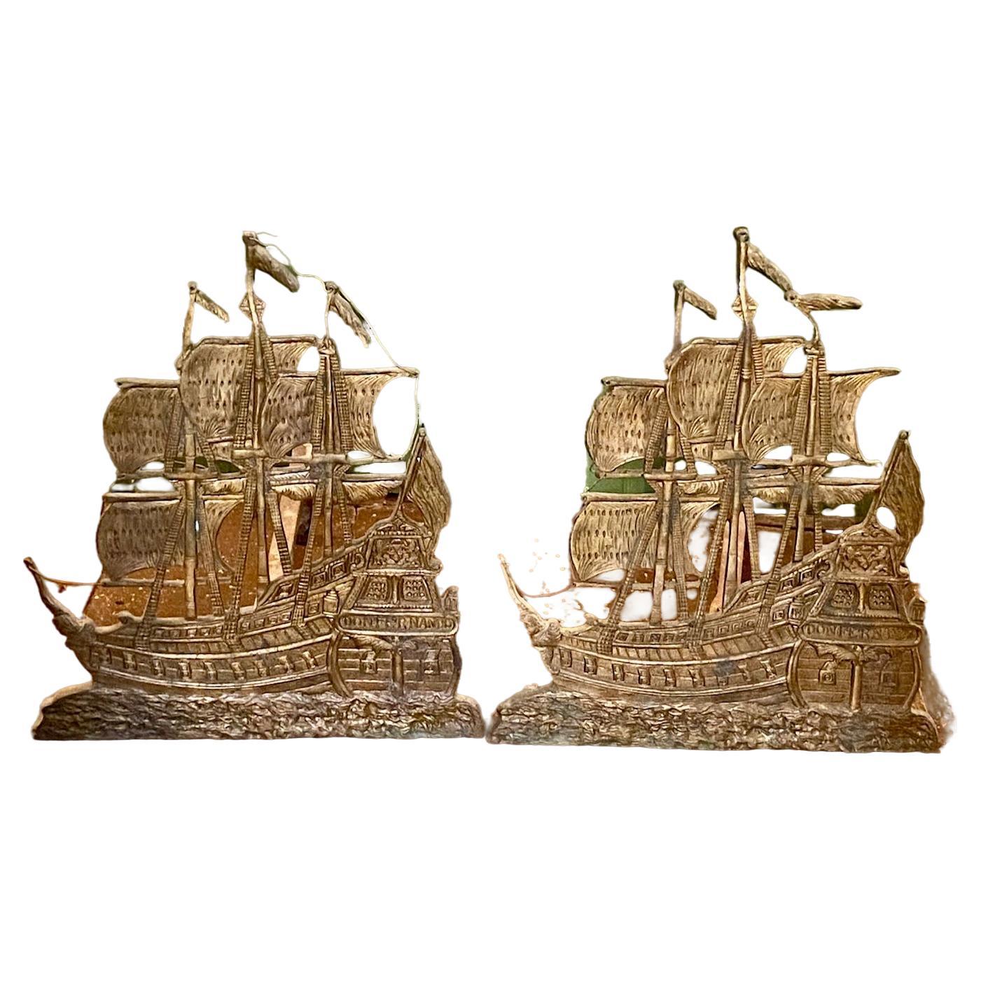 Early Vintage Pair of Brass Spanish Treasure Ship Andirons, circa 1920s For Sale