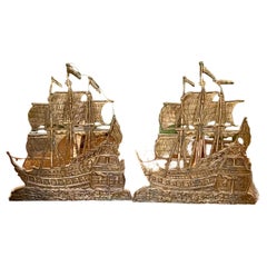 Early Vintage Pair of Brass Spanish Treasure Ship Andirons, circa 1920s