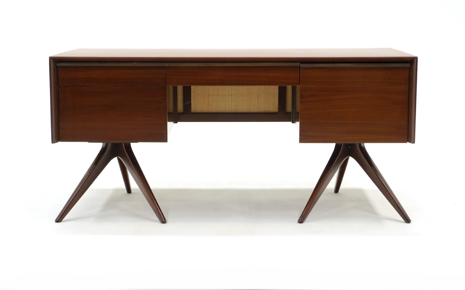 Mid-Century Modern Early Vladimir Kagan Custom Order Desk with Drawers.  Walnut and Cane. For Sale