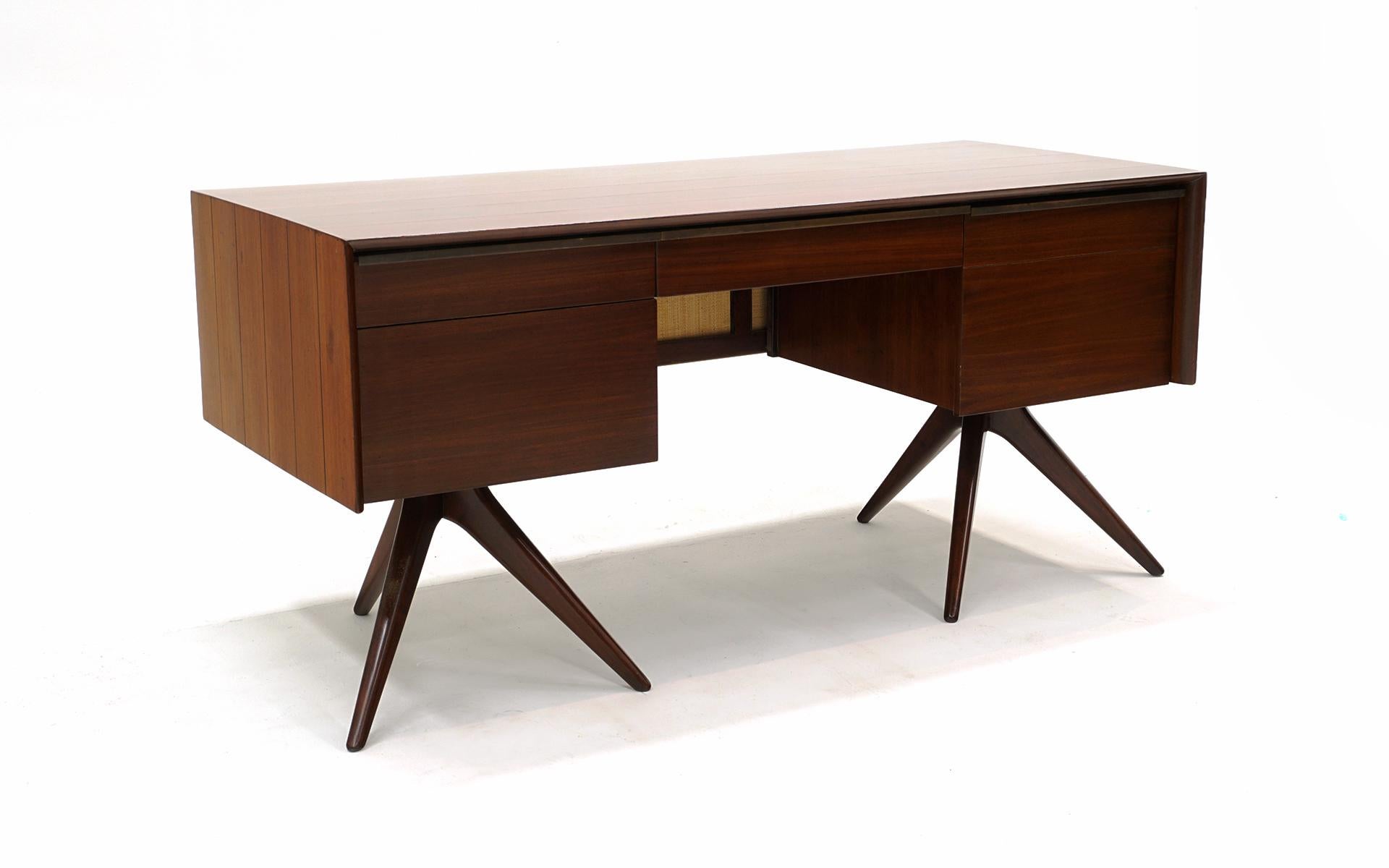 American Early Vladimir Kagan Custom Order Desk with Drawers.  Walnut and Cane. For Sale