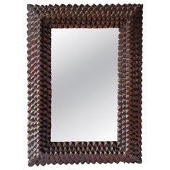 Espejo de pared antiguo, Marco, Tramp Art, Arte popular, Biedermeier, 1850, Austria