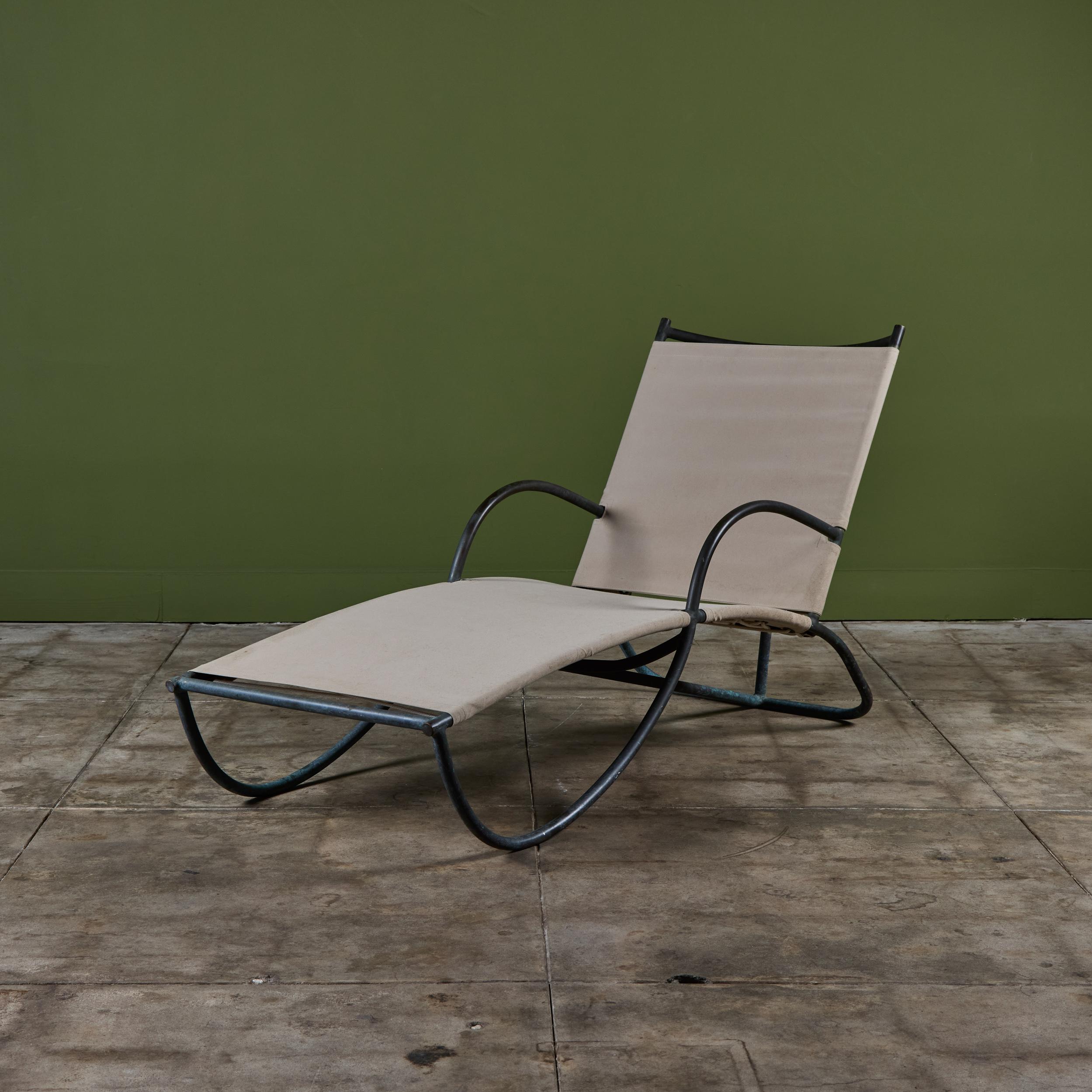 Early Walter Lamb Bronze & Canvas Patio Chaise Lounge For Sale 4