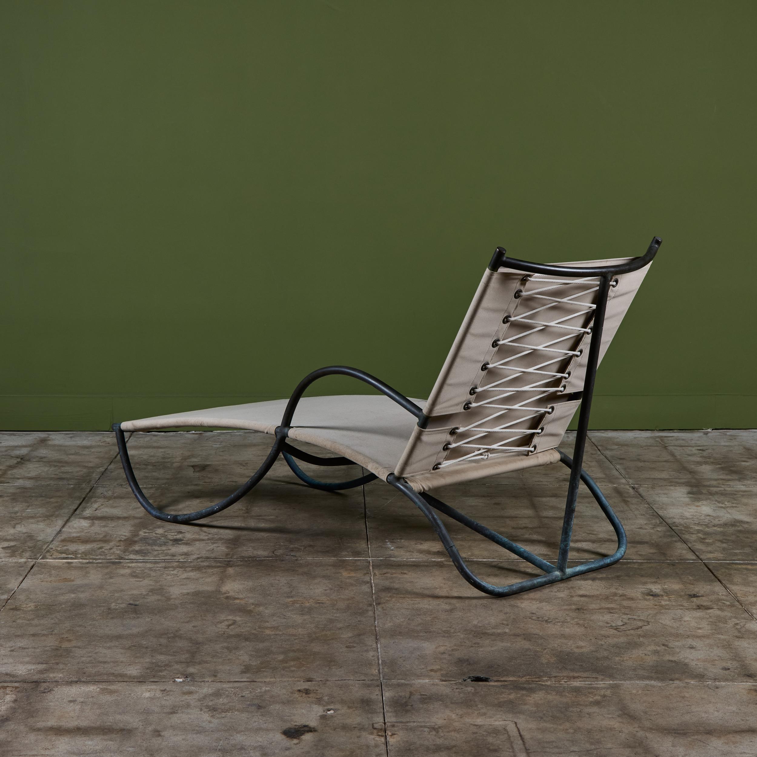 Mid-Century Modern Early Walter Lamb Bronze & Canvas Patio Chaise Lounge For Sale