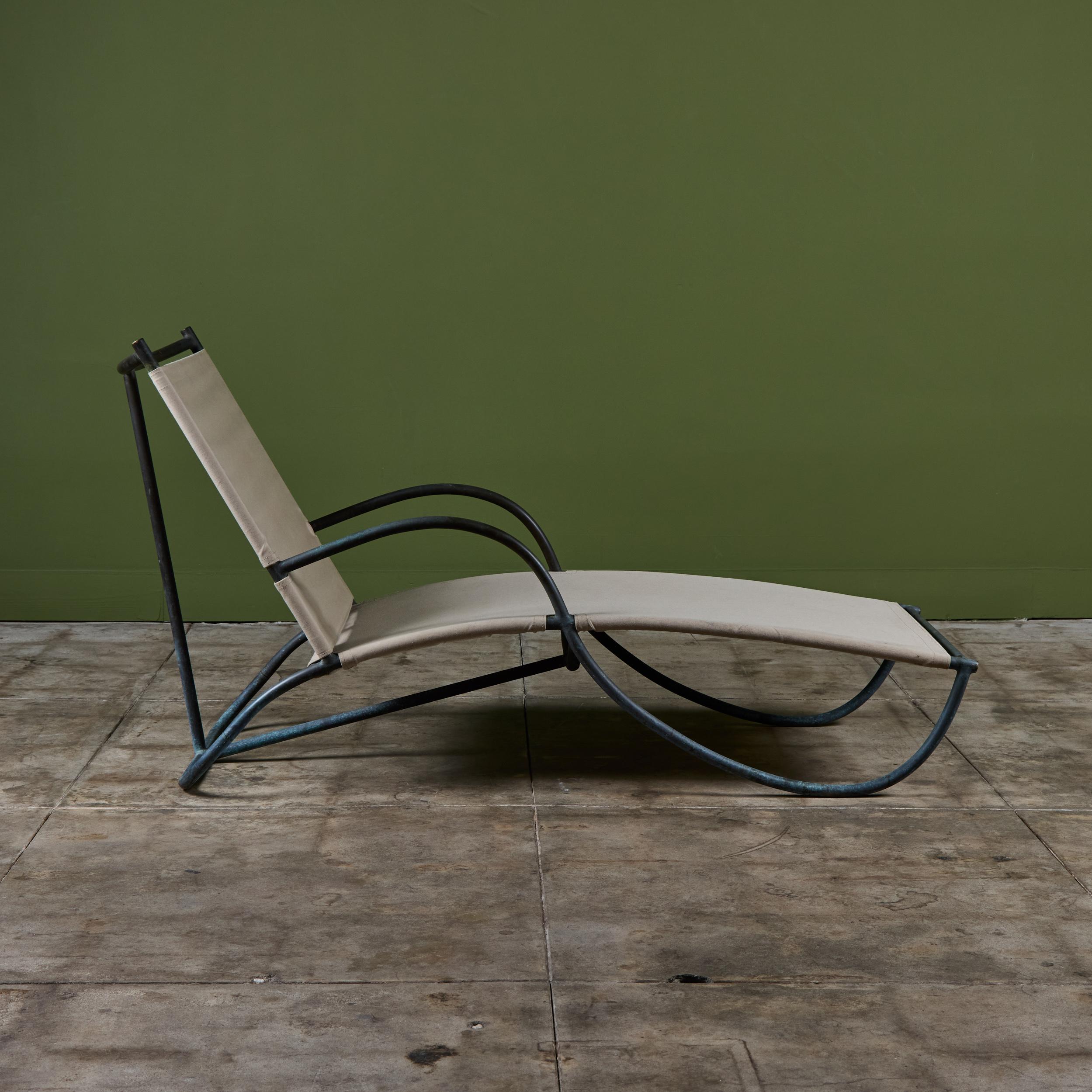 Mid-20th Century Early Walter Lamb Bronze & Canvas Patio Chaise Lounge For Sale