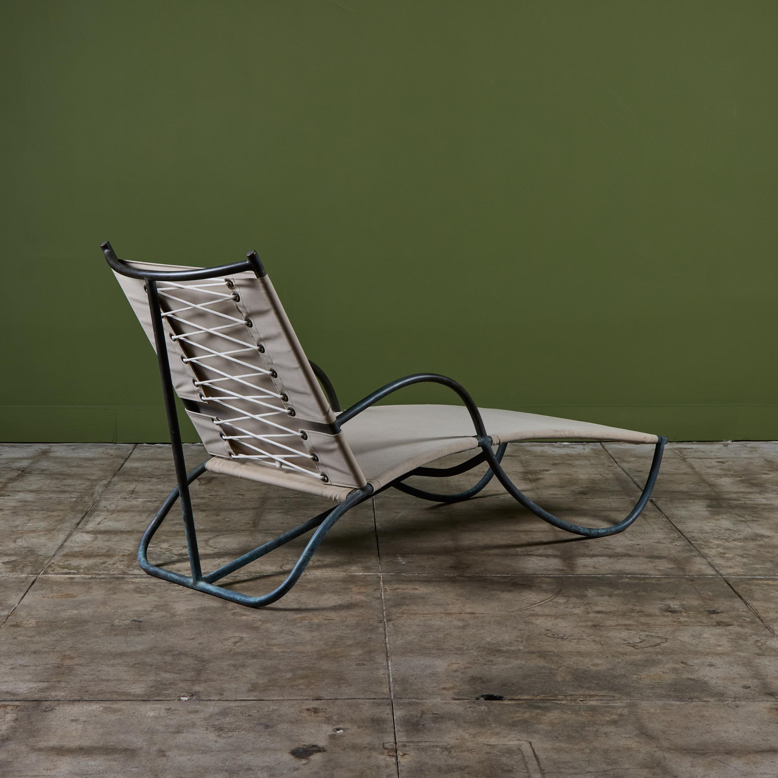 Early Walter Lamb Bronze & Canvas Patio Chaise Lounge For Sale 1