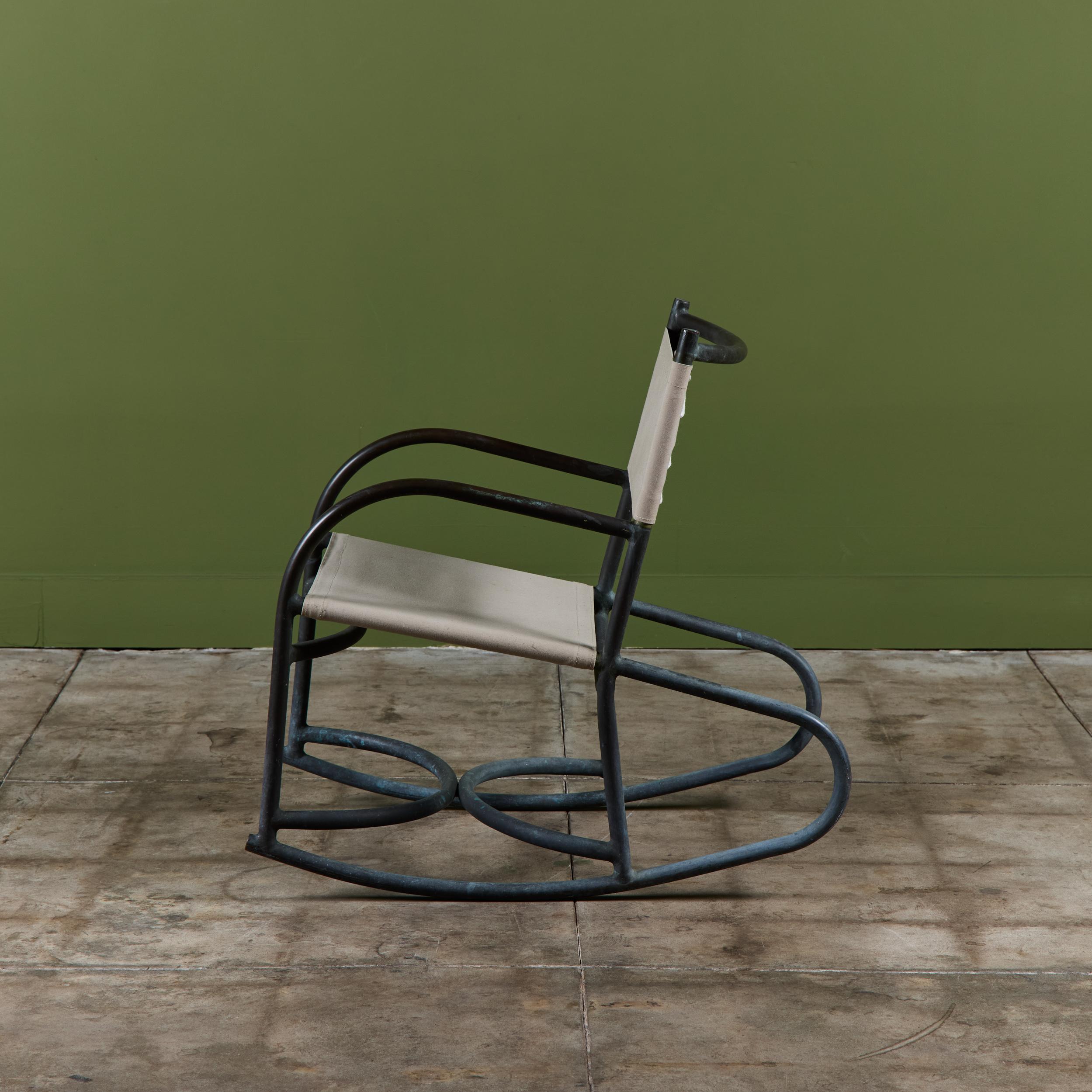 Early Walter Lamb Bronze & Canvas Rocking Chair For Sale 4