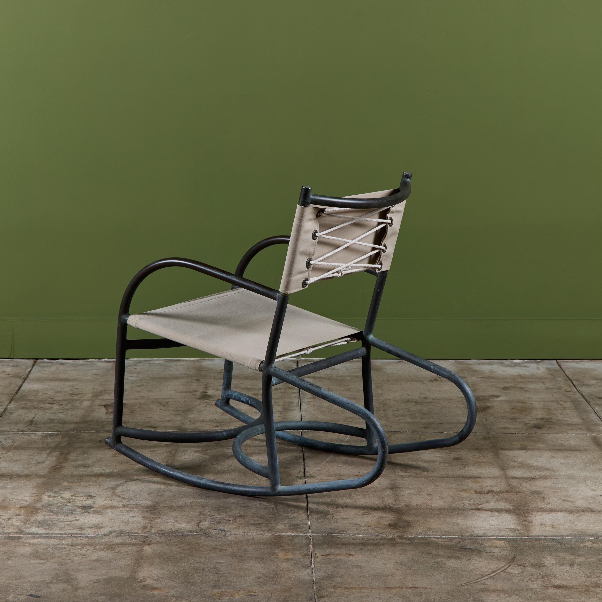 Mid-Century Modern Early Walter Lamb Bronze & Canvas Rocking Chair For Sale