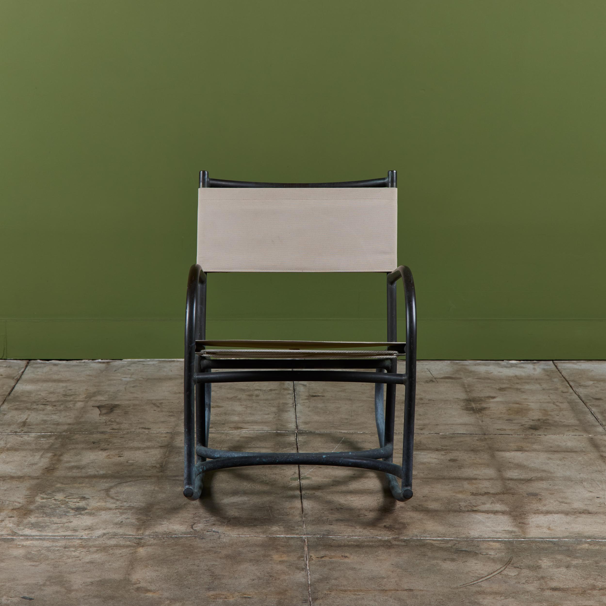 American Early Walter Lamb Bronze & Canvas Rocking Chair For Sale