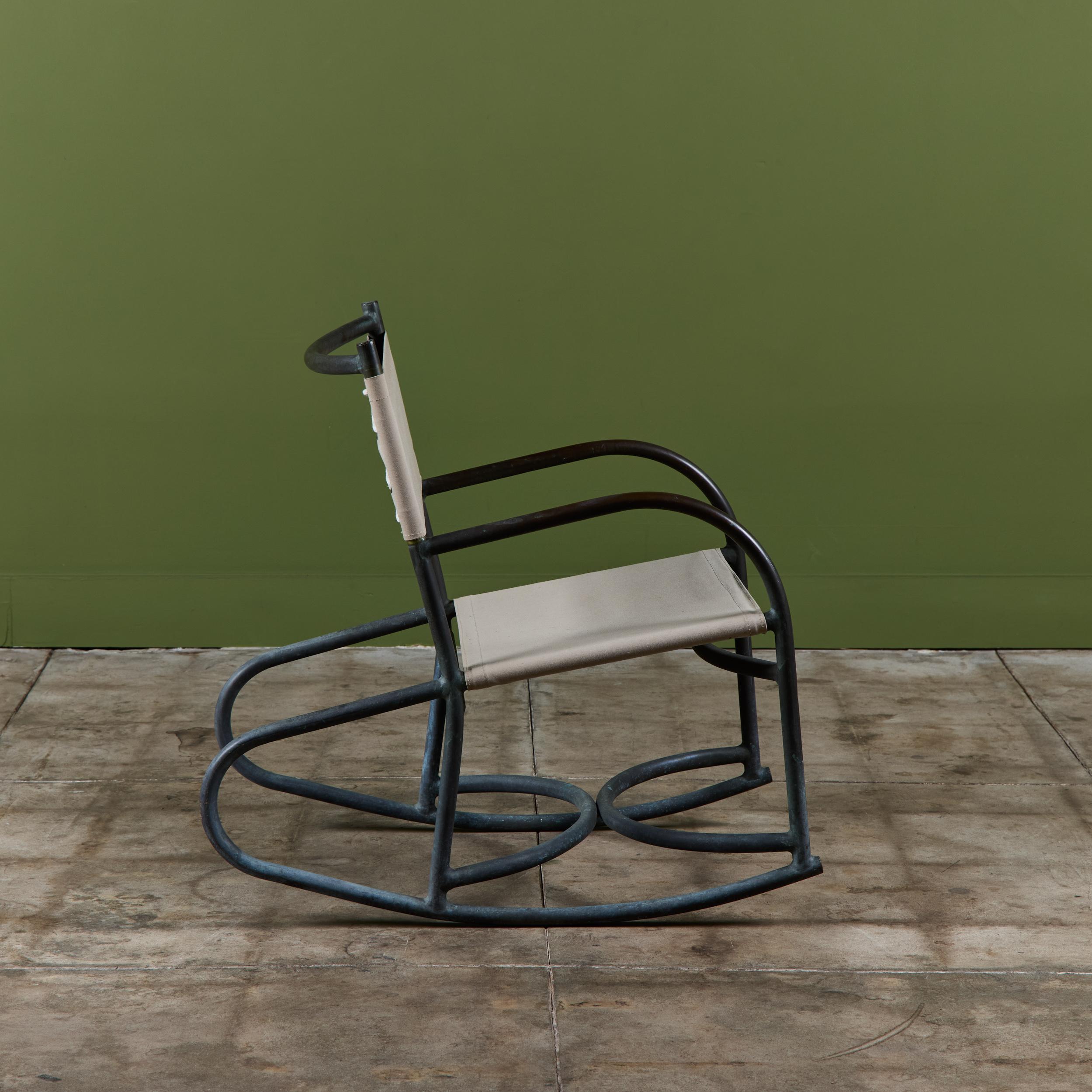 Mid-20th Century Early Walter Lamb Bronze & Canvas Rocking Chair For Sale