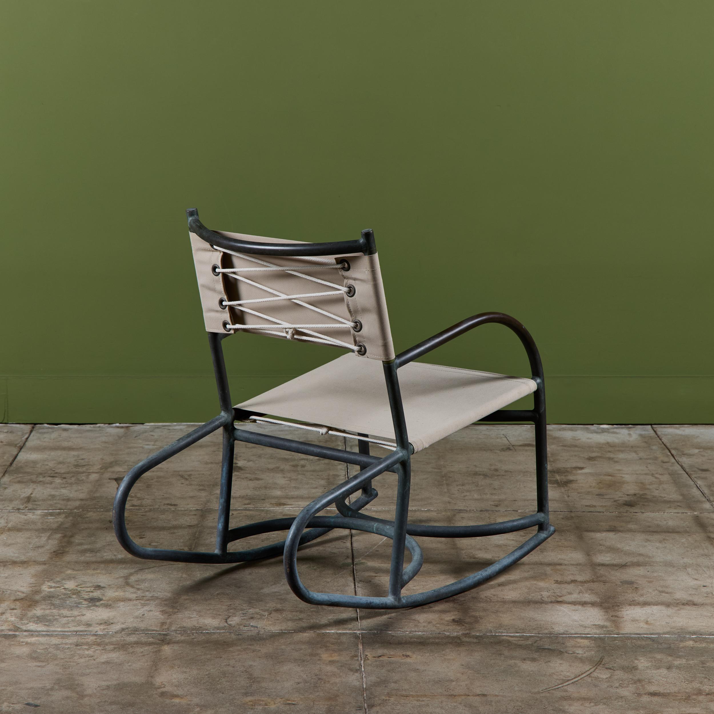Early Walter Lamb Bronze & Canvas Rocking Chair For Sale 1