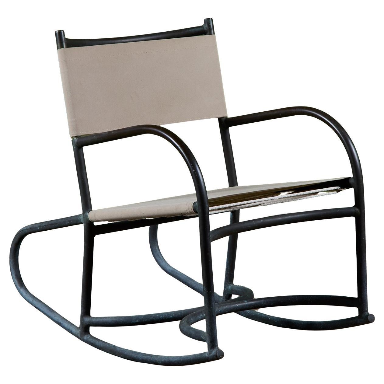 Early Walter Lamb Bronze & Canvas Rocking Chair For Sale