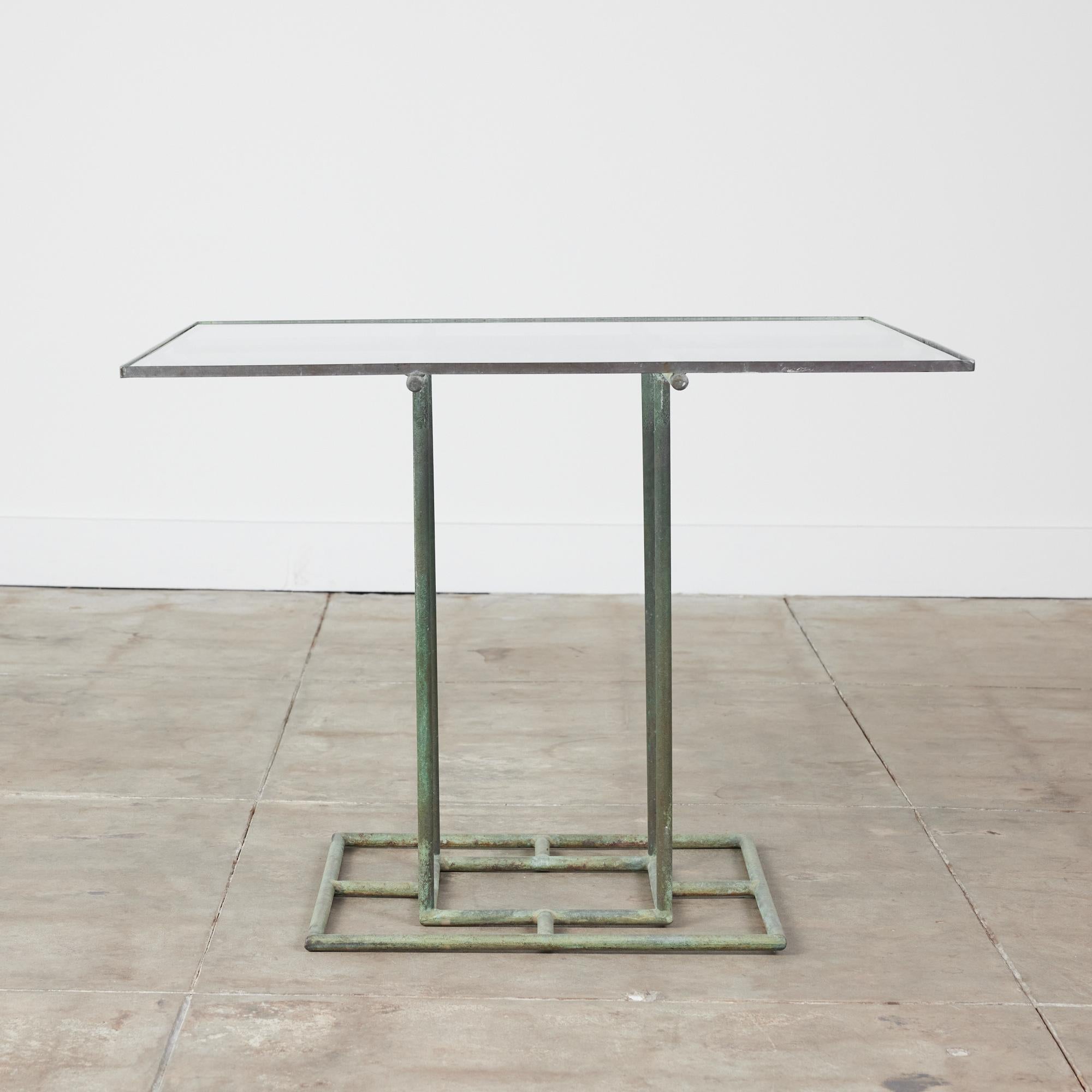 Patinated Early Walter Lamb Bronze Patio Dining Table with Glass Top