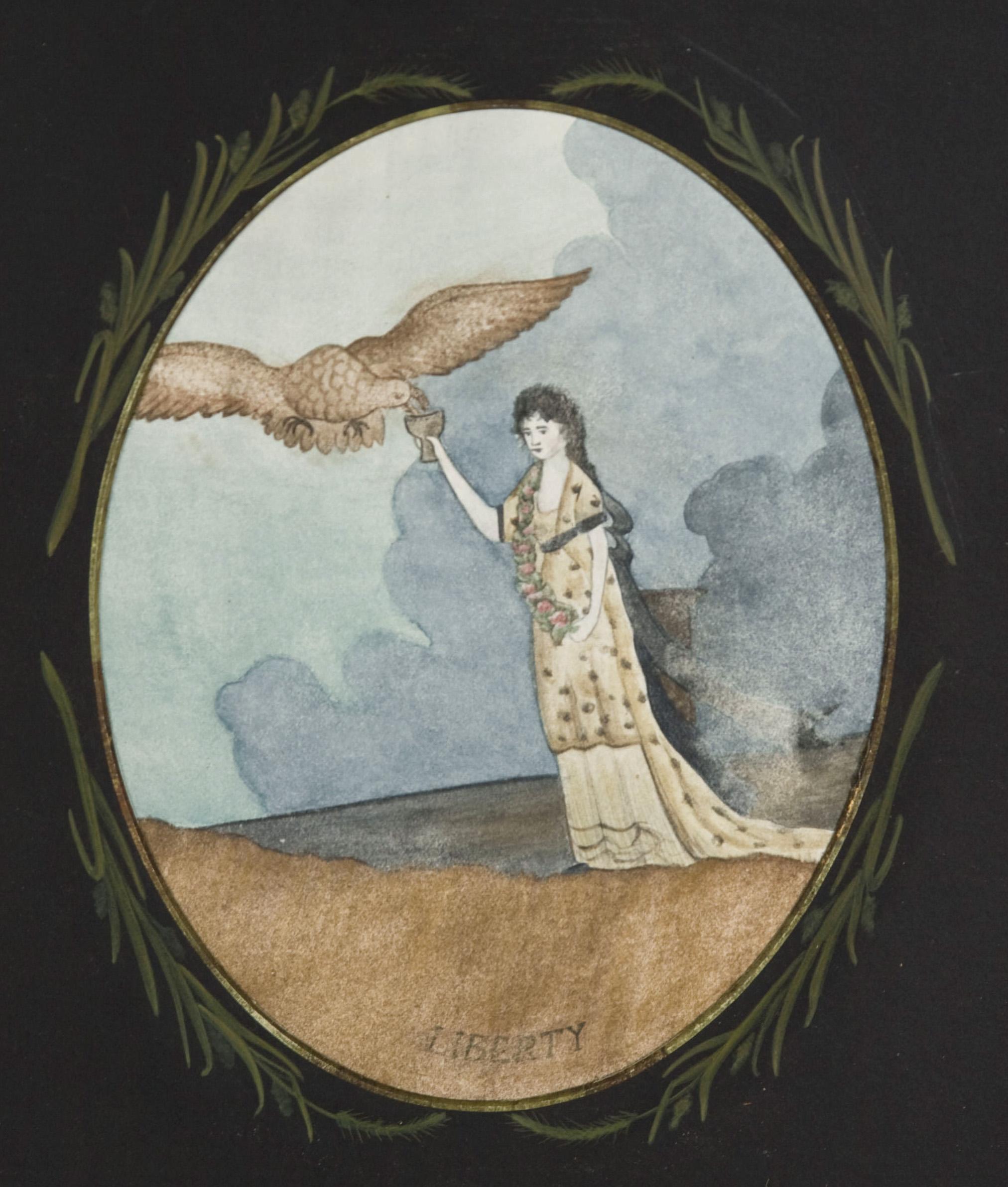 THE AMERICAN EAGLE DRINKS FROM THE GOBLET OF LIFE, IN THE HAND OF LADY LIBERTY: EARLY WATERCOLOR ON PAPER IN A SPECTACULAR, THREE-DIMENTIONAL, PUZZLE-WORK, TRAMP ART FRAME 

The Goddess of Liberty hands the Goblet of Life or the Holy Grail to the