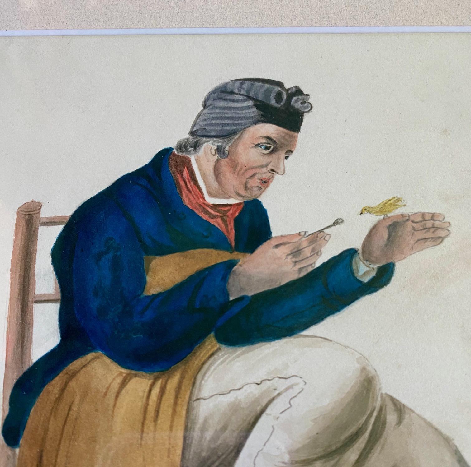 Antique watercolor view of a sailor with pet bird, circa 1800, a lovely detailed painting of a sailor seated in rough chair, tenderly spoon feeding a finch perched on his hand, inscribed 