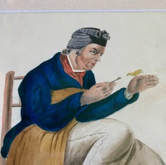 Aquarelle ancienne représentant un marin avec un oiseau de compagnie, vers 1800