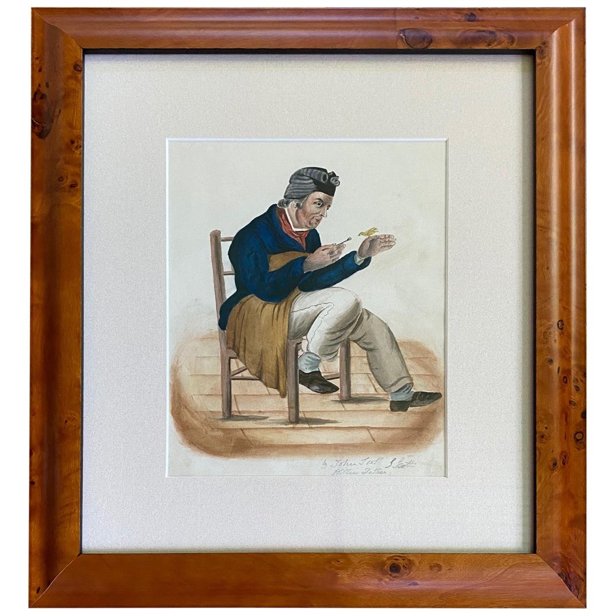 Aquarelle ancienne représentant un marin avec un oiseau de compagnie, vers 1800 en vente