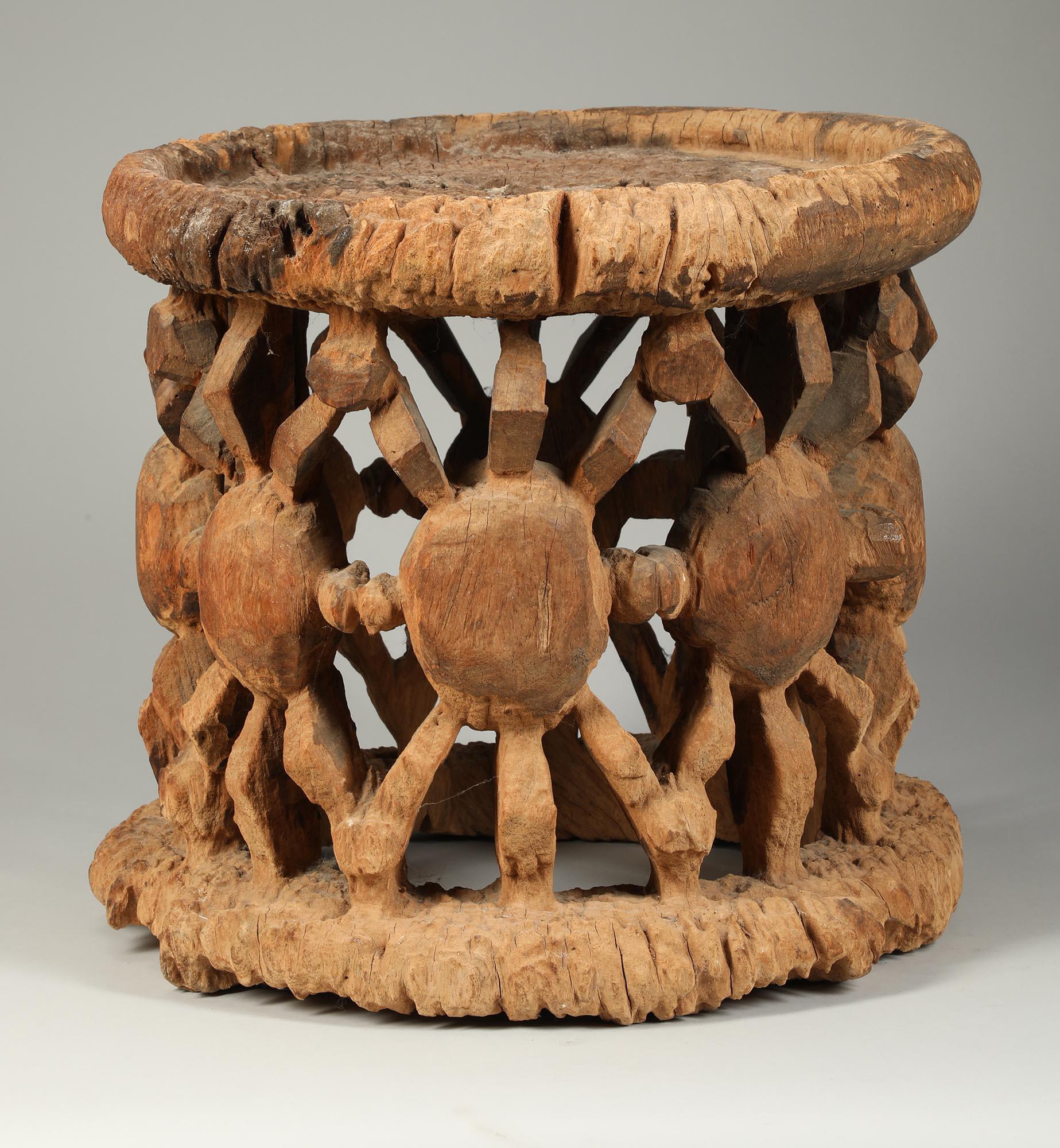 Cameroonian Early Weathered Wood Cameroon Stool Rows of Spiders, Early 20th C Dimondstein For Sale