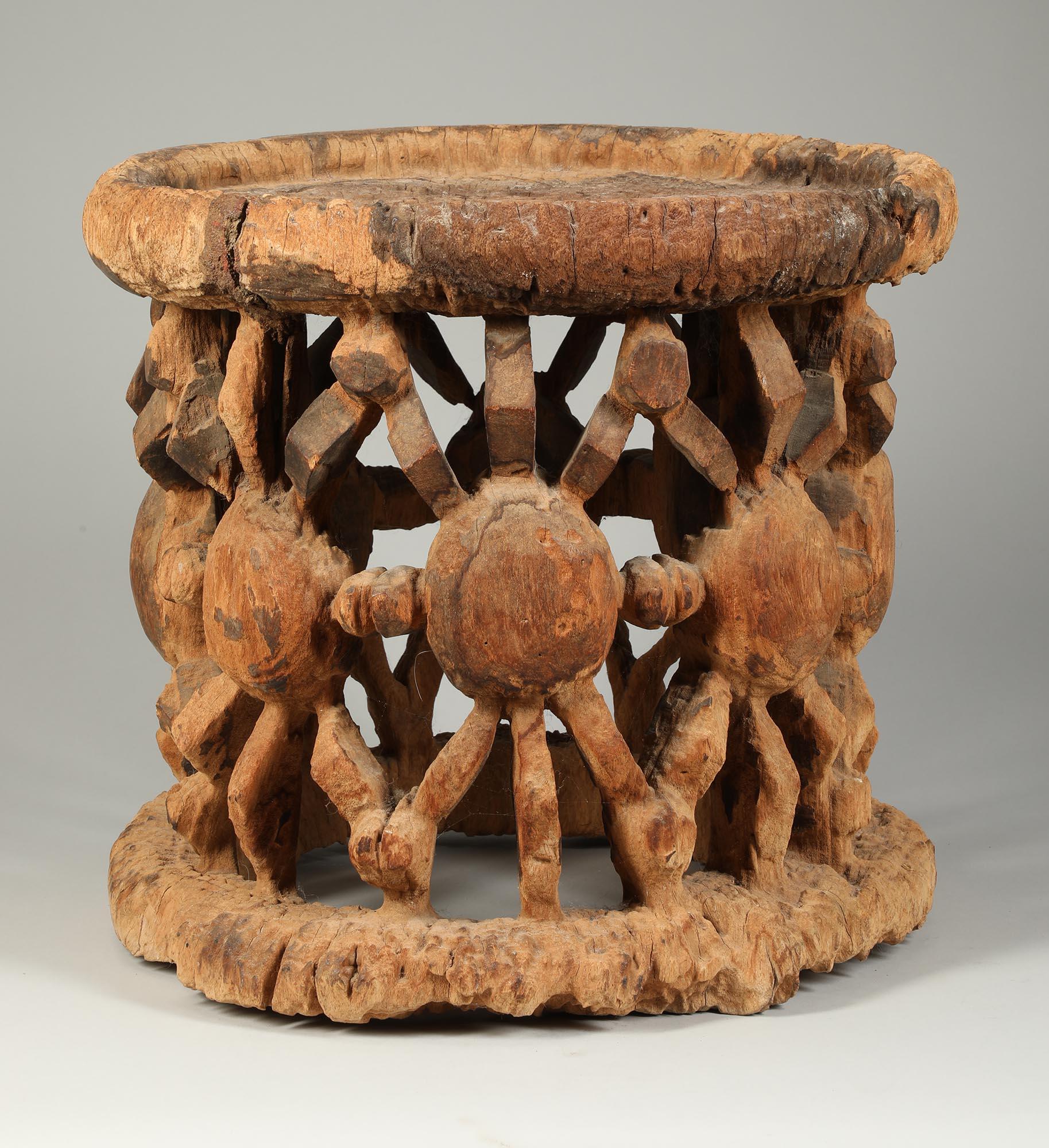 Hand-Carved Early Weathered Wood Cameroon Stool Rows of Spiders, Early 20th C Dimondstein For Sale