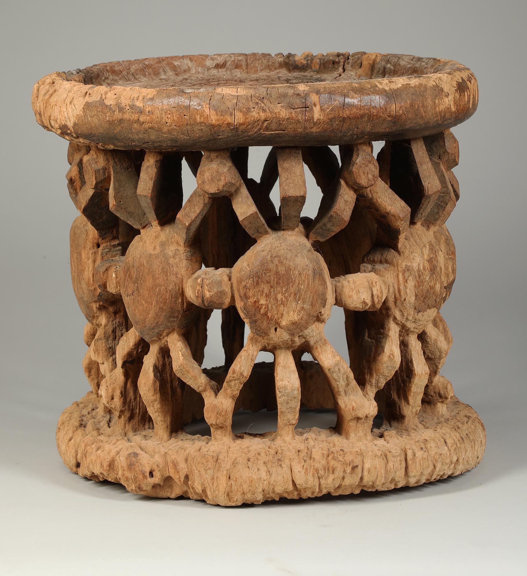 20th Century Early Weathered Wood Cameroon Stool Rows of Spiders, Early 20th C Dimondstein For Sale