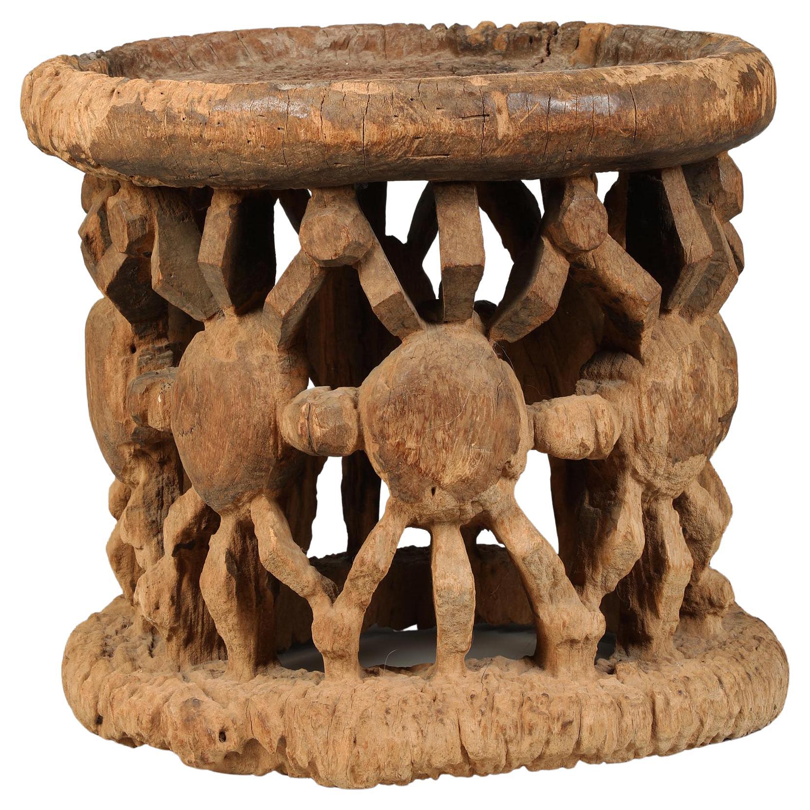 Early Weathered Wood Cameroon Stool Rows of Spiders, Early 20th C Dimondstein