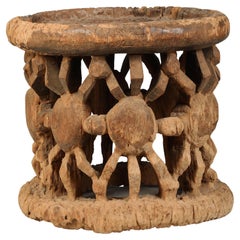 Early Weathered Wood Cameroon Stool Rows of Spiders, Early 20th Century