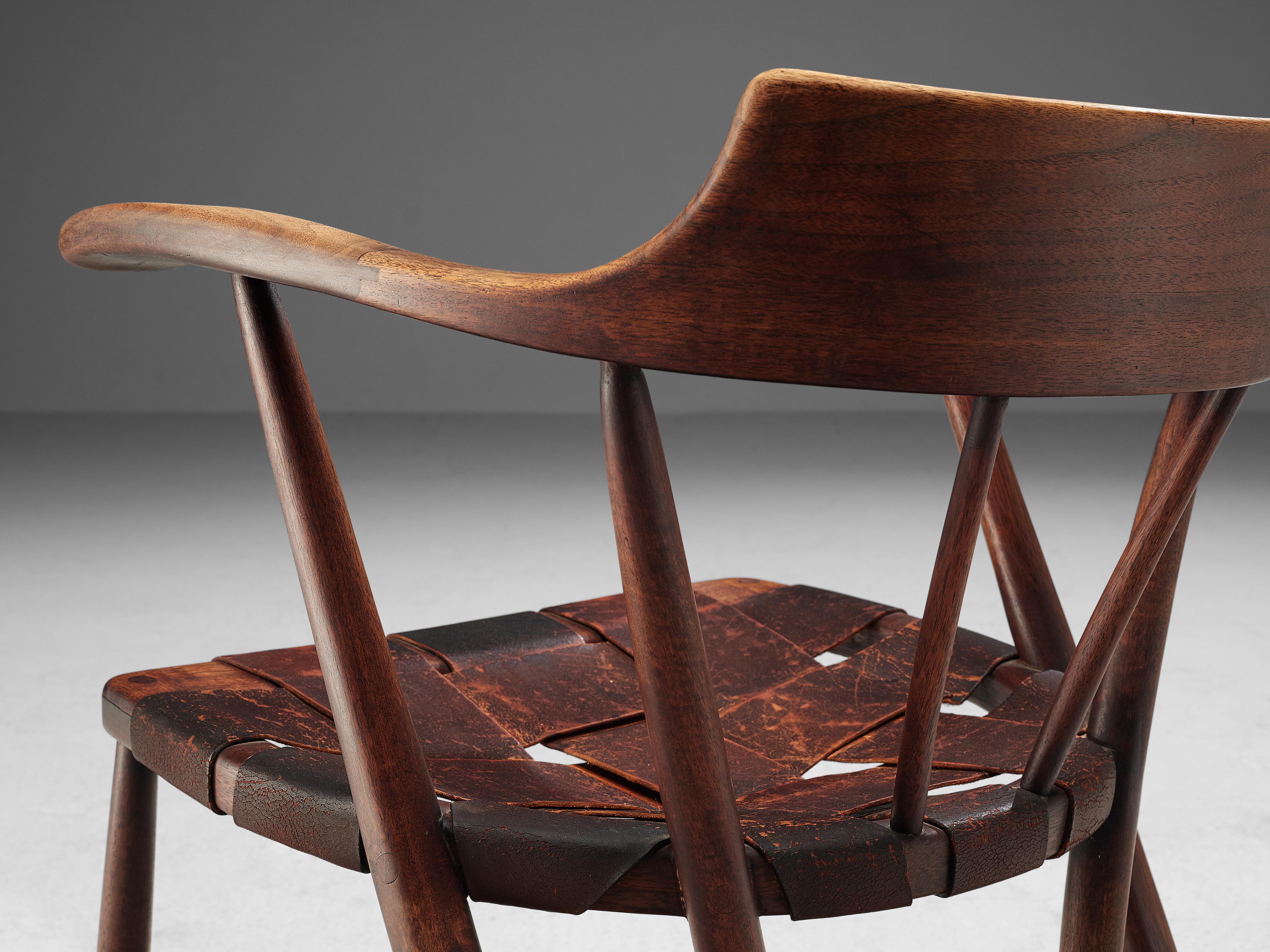 Mid-Century Modern Early Wharton Esherick ‘Captain’s Chair’ in American Walnut and Brown Leather