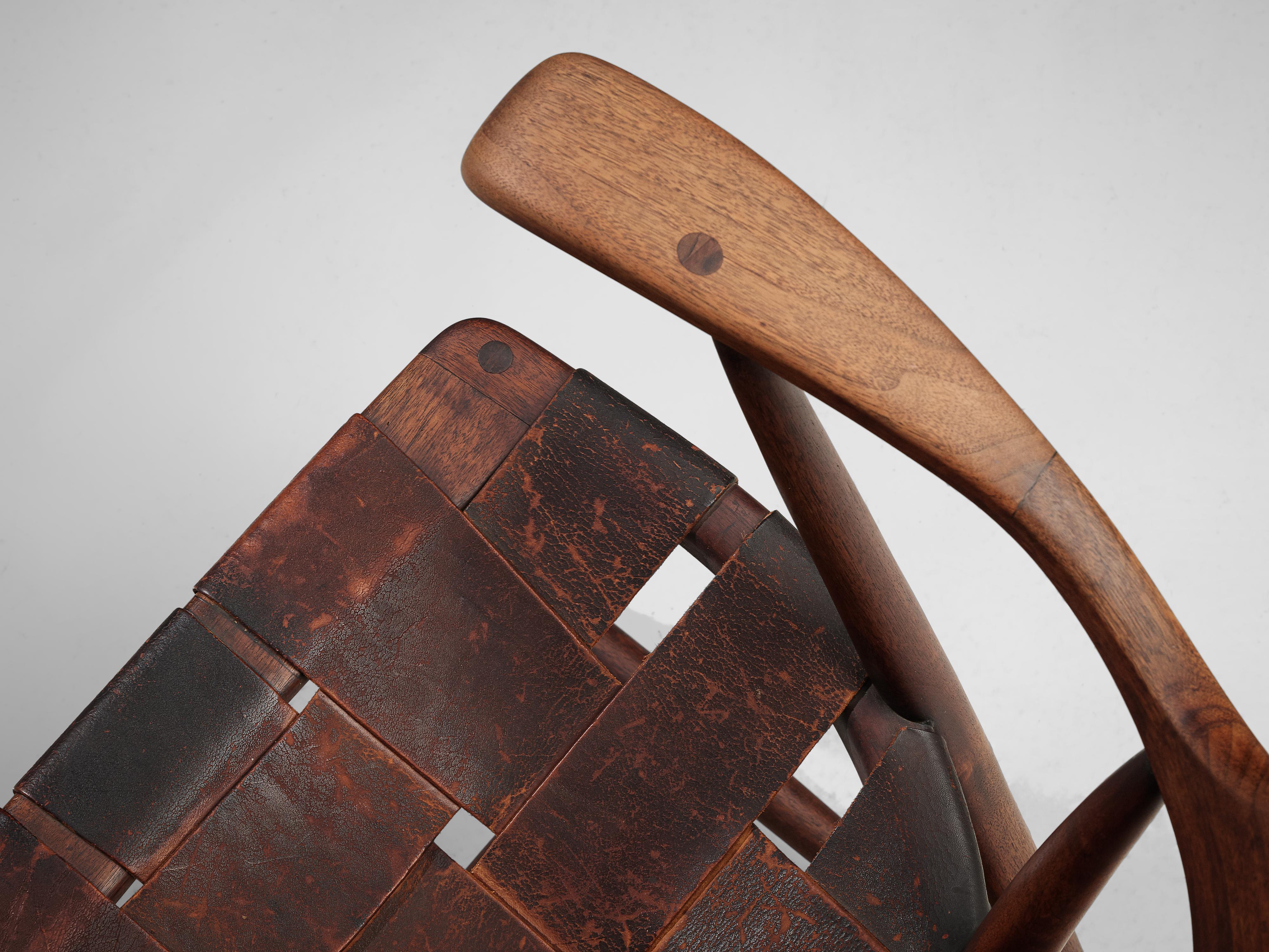 Mid-20th Century Early Wharton Esherick ‘Captain’s Chair’ in American Walnut and Brown Leather