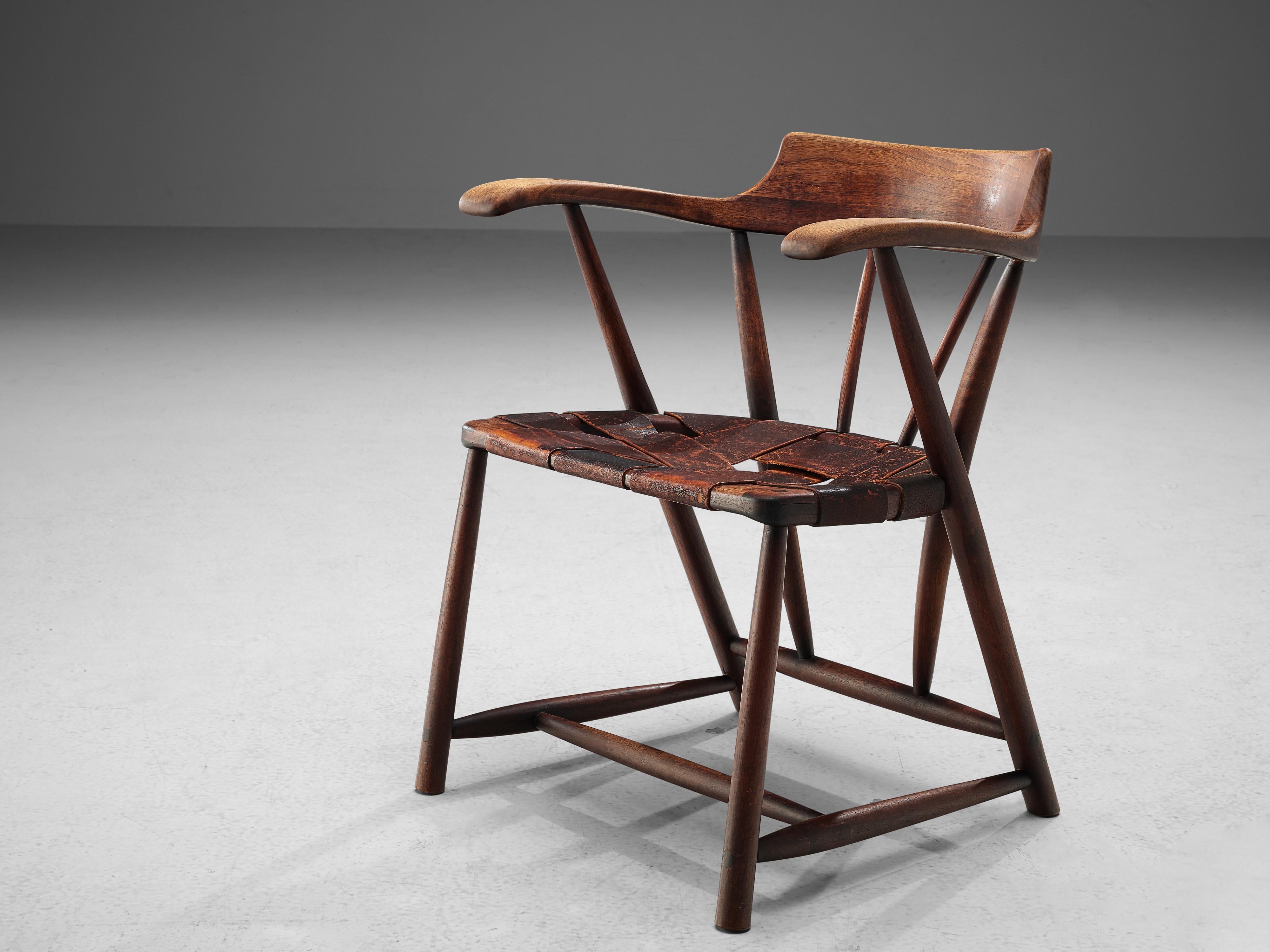Mid-20th Century Early Wharton Esherick Captain’s Chair in American Walnut and Brown Leather