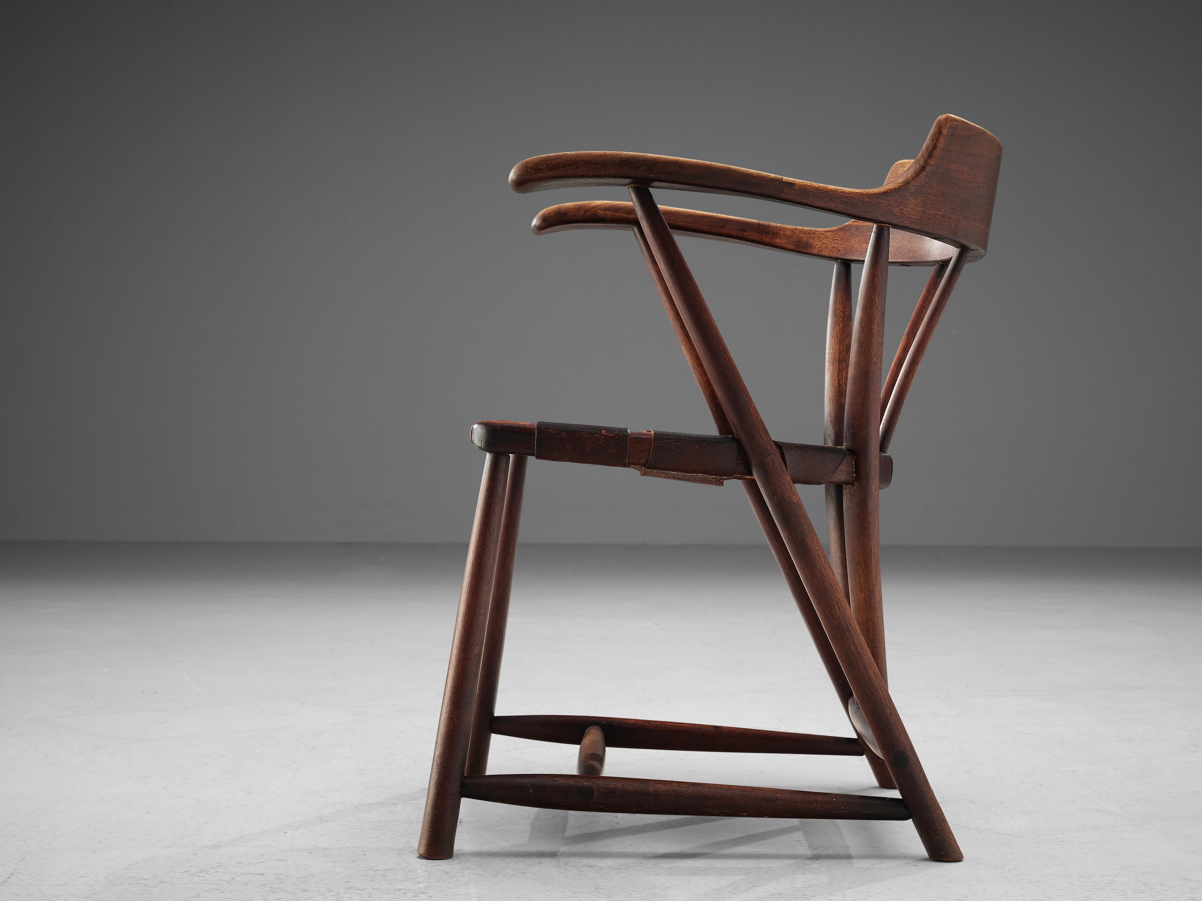 Early Wharton Esherick Captain’s Chair in American Walnut and Brown Leather 1