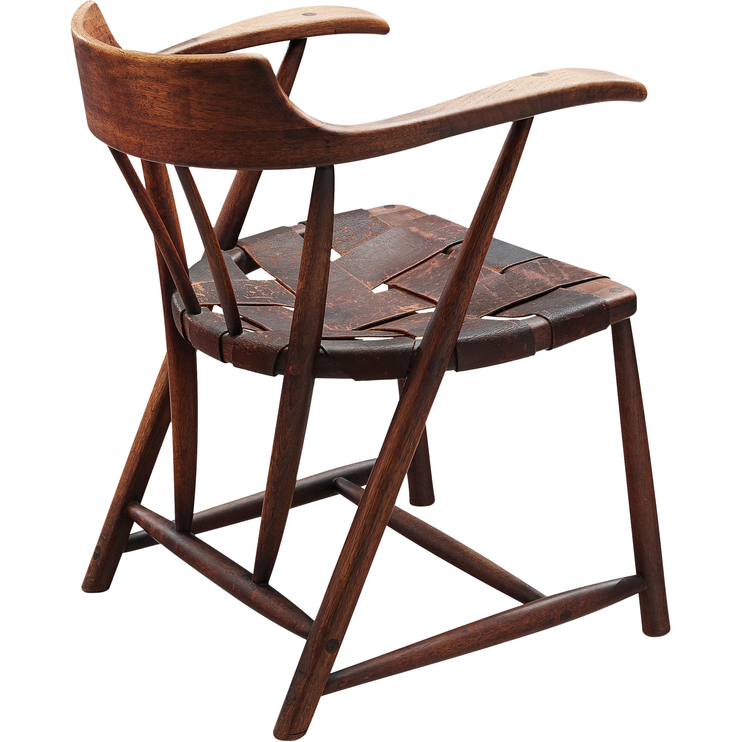 Early Wharton Esherick ‘Captain’s Chair’ in American Walnut and Brown Leather