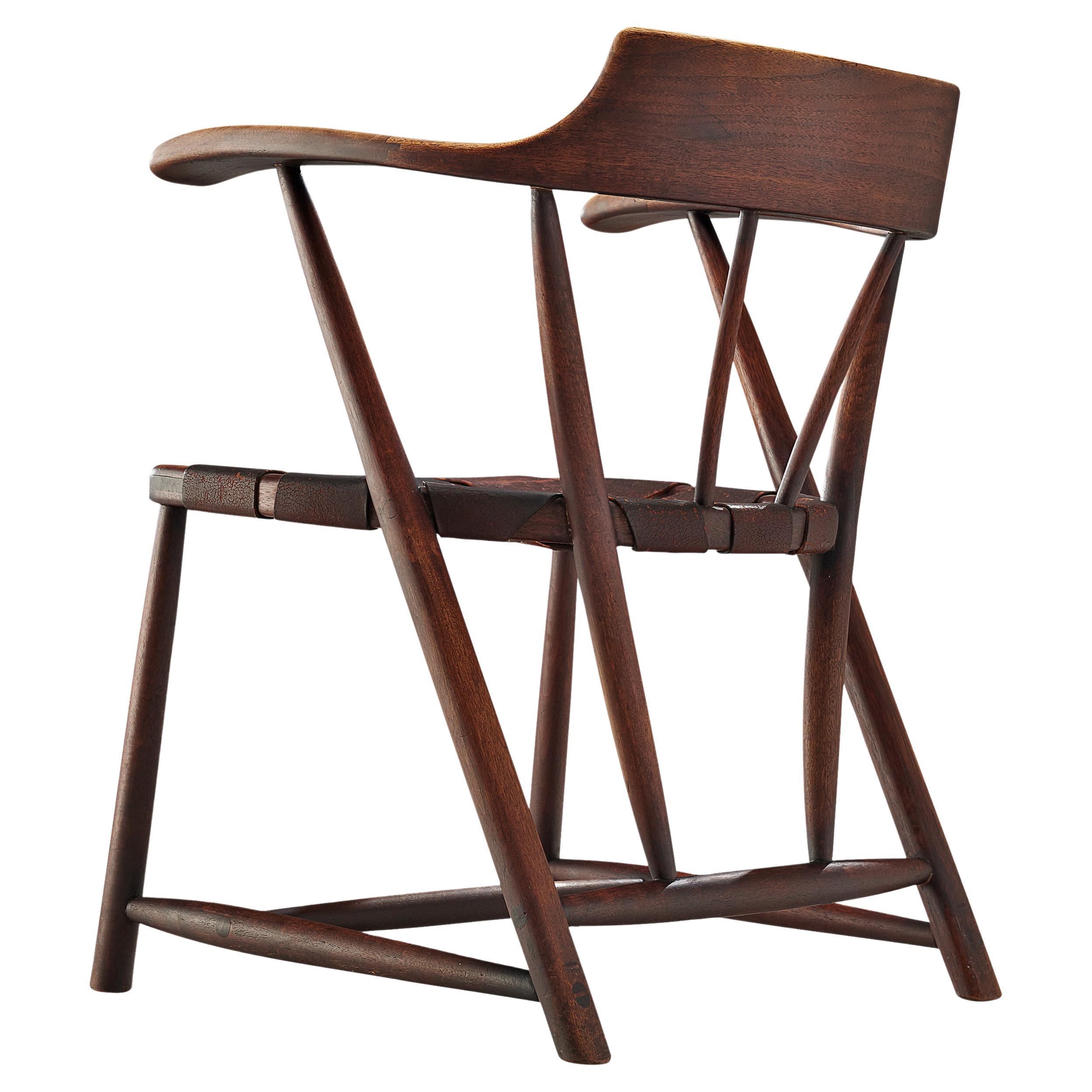 Early Wharton Esherick Captain’s Chair in American Walnut and Brown Leather
