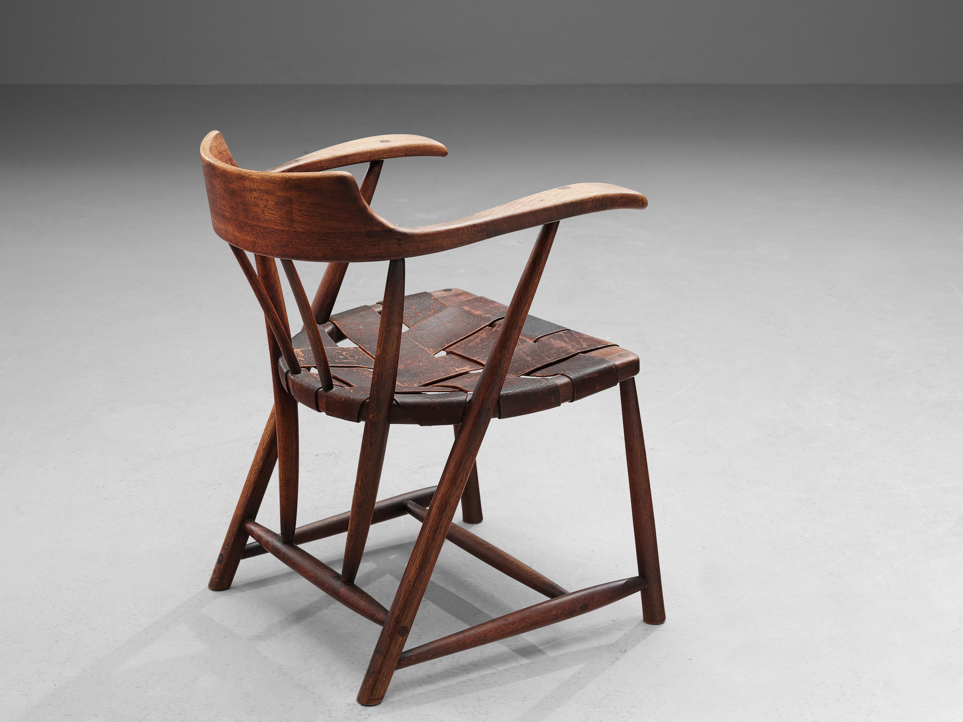 Mid-Century Modern Early Wharton Esherick ‘Captain’s Chairs’ in American Walnut and Leather