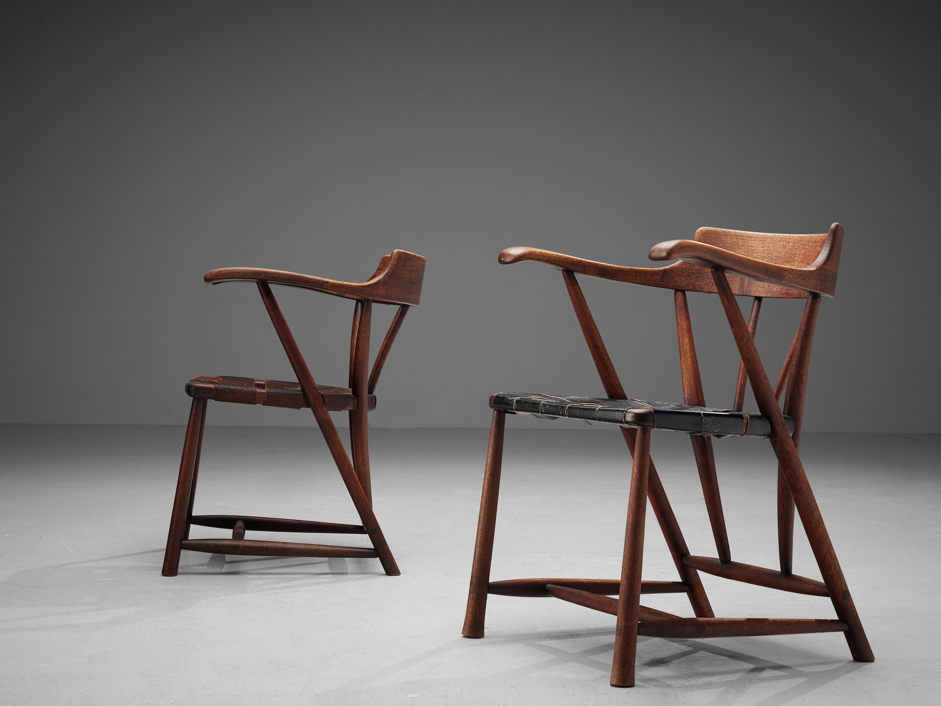 Mid-20th Century Early Wharton Esherick ‘Captain’s Chairs’ in American Walnut and Leather