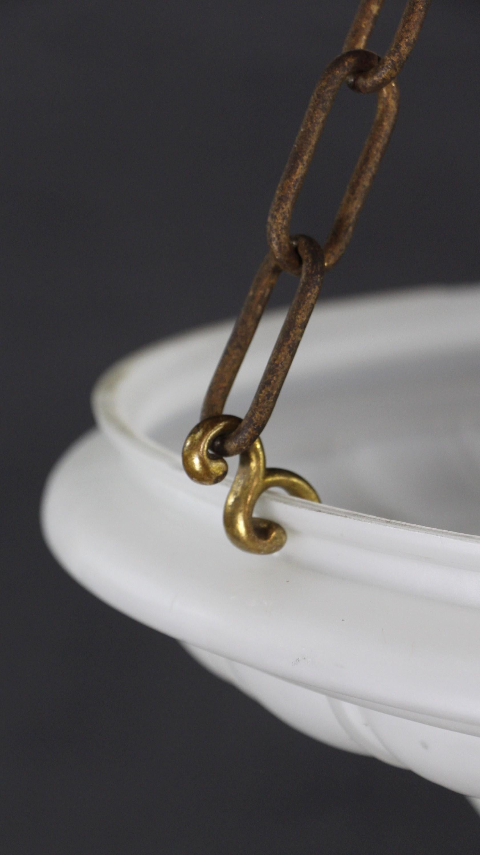 Early White Glass Dish Light Pendant Steel Chains Brass Canopy In Good Condition For Sale In New York, NY