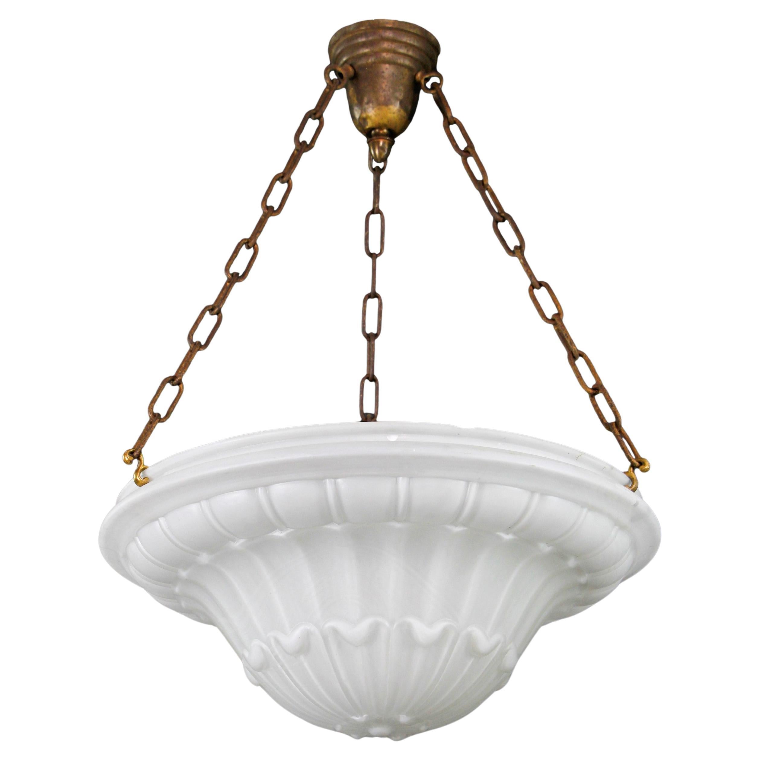 Early White Glass Dish Light Pendant Steel Chains Brass Canopy For Sale
