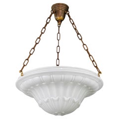Early White Glass Dish Light Pendant Steel Chains Brass Canopy