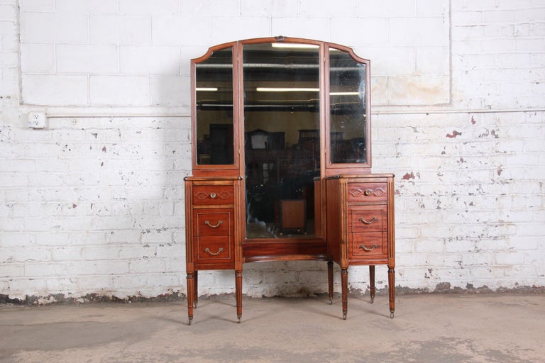 Early Widdicomb Mahogany Vanity Dresser With Tri Fold Mirror